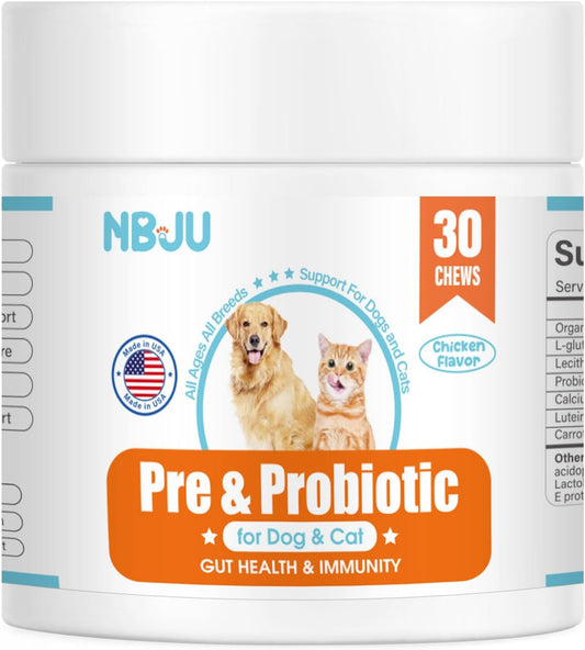 Chicken Flavored Probiotic Chews for Dogs & Cats - Supports Gut & Immunity Health, Digestive Health, Diarrhea, Seasonal Allergies - 30 Chews含 Prebiotics & Probiotics