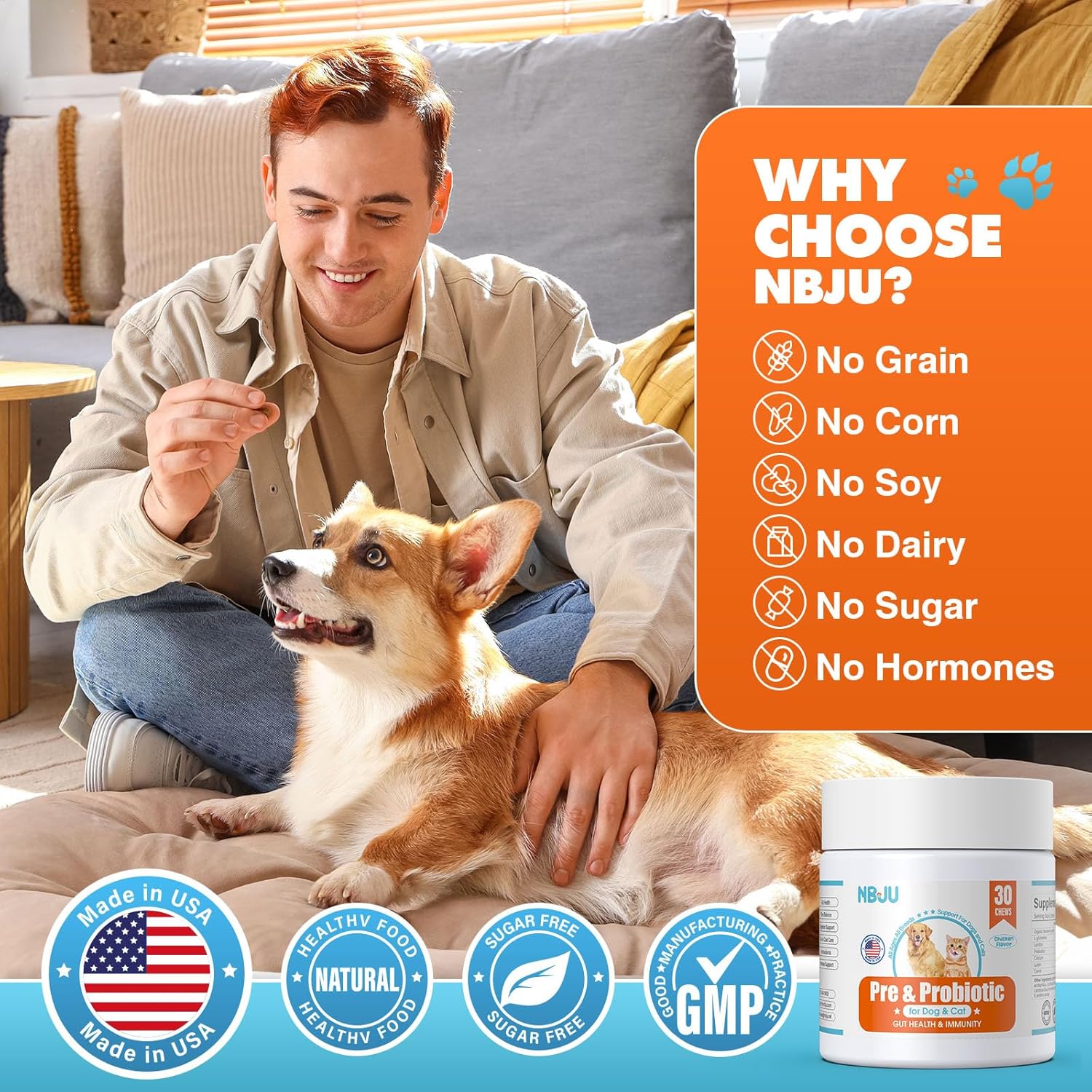 Chicken Flavored Probiotic Chews for Dogs & Cats - Supports Gut & Immunity Health, Digestive Health, Diarrhea, Seasonal Allergies - 30 Chews含 Prebiotics & Probiotics