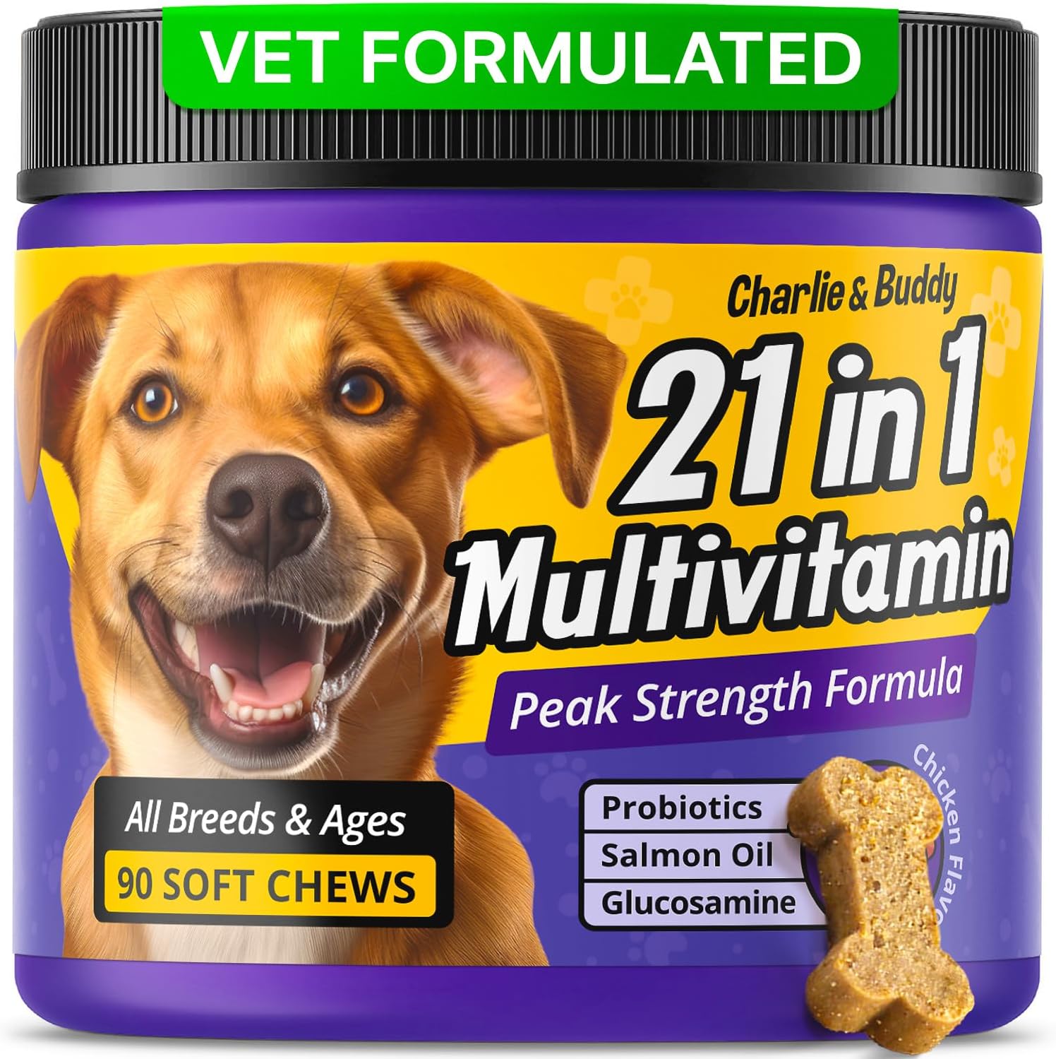 Chicken Flavour Dog Multivitamin Soft Chews - 90ct - 21 in 1 Dog Vitamins with Vitamin C for Dogs - Buddy & Charlie Supplement
