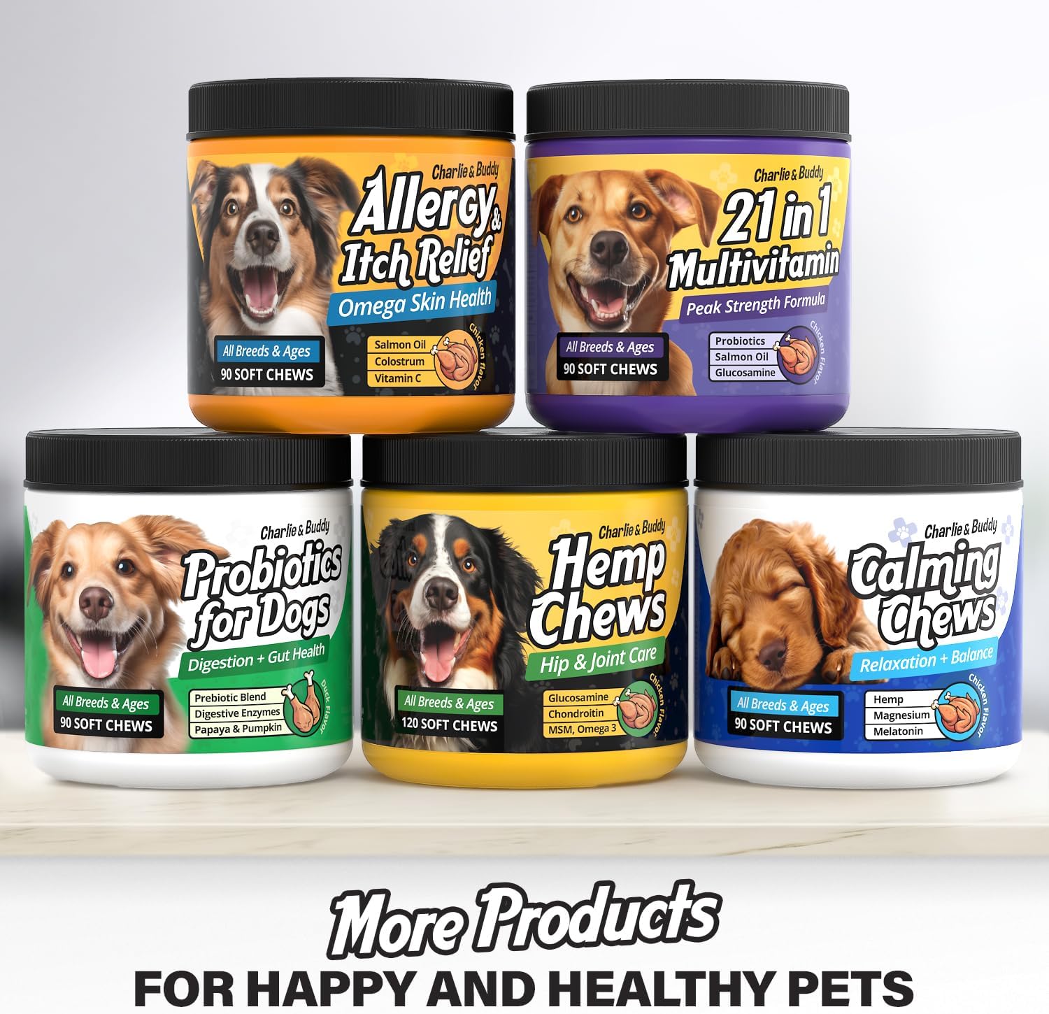 Chicken Flavour Dog Multivitamin Soft Chews - 90ct - 21 in 1 Dog Vitamins with Vitamin C for Dogs - Buddy & Charlie Supplement