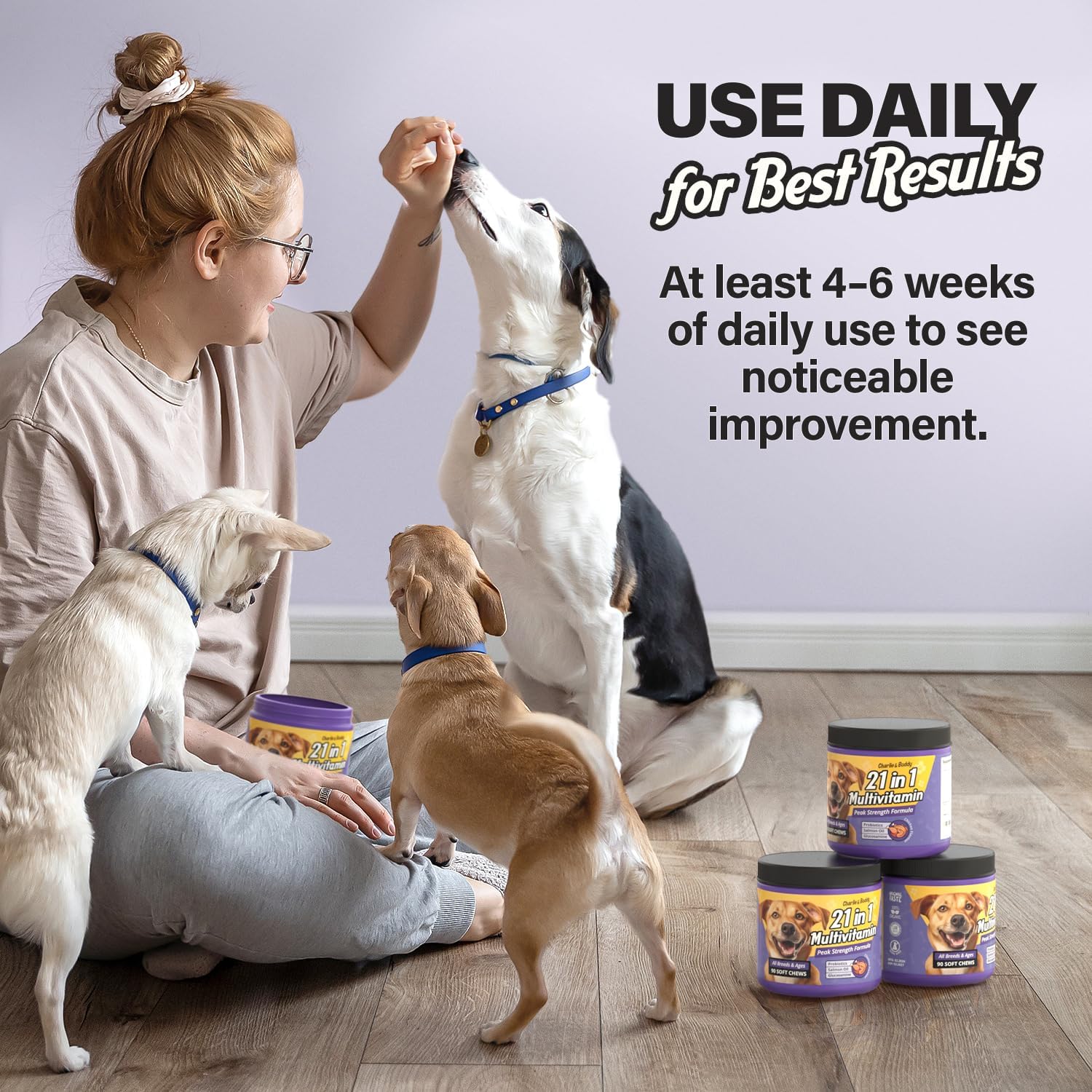 Chicken Flavour Dog Multivitamin Soft Chews - 90ct - 21 in 1 Dog Vitamins with Vitamin C for Dogs - Buddy & Charlie Supplement