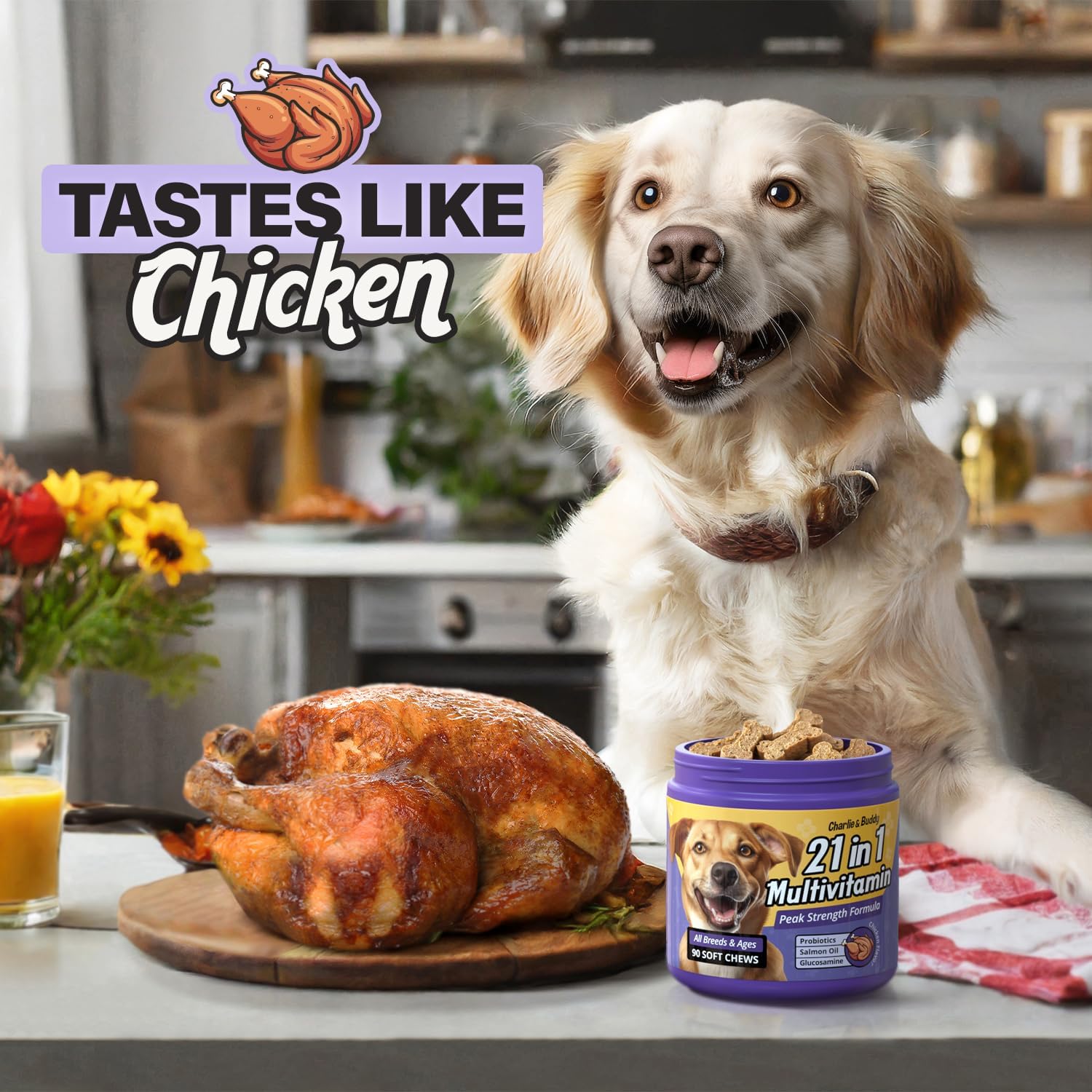 Chicken Flavour Dog Multivitamin Soft Chews - 90ct - 21 in 1 Dog Vitamins with Vitamin C for Dogs - Buddy & Charlie Supplement