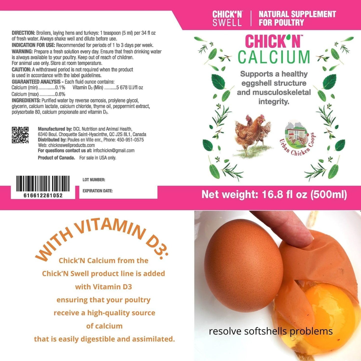 Chick’N Swell Premium Poultry Calcium Supplement for Bone Health and Egg Production - 16.8 oz - Suitable for All Poultry - Makes 80 Gallons