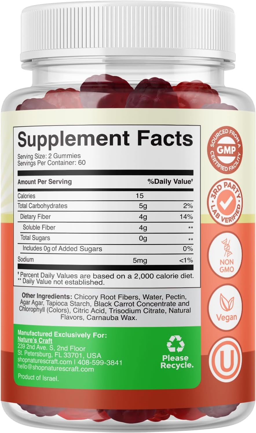 Chicory Root Fiber Gummies for Adults - Prebiotic Gut Health Support - Soluble Digestion Capsules - Sugar Free Vegan Supplement - 120 Count