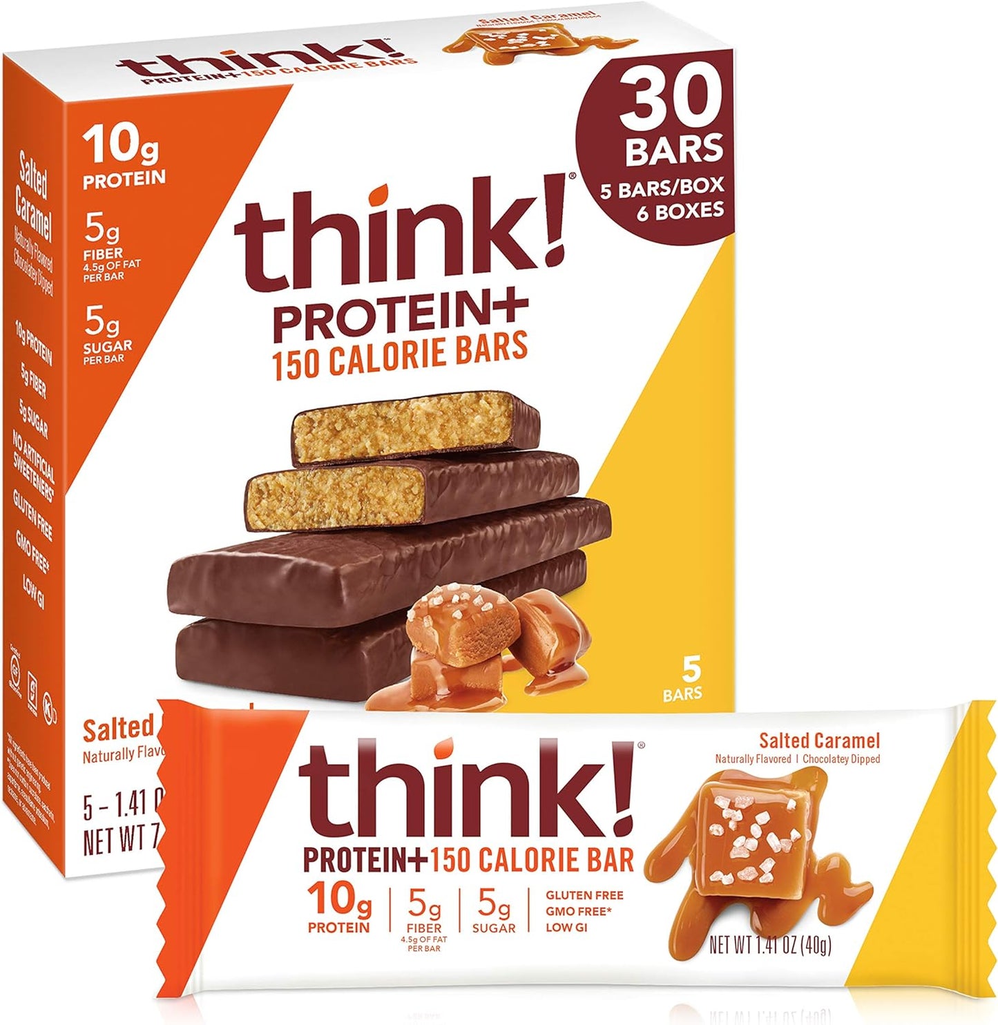 Chicory Root Fiber Protein Bars with Whey Isolate, Salted Caramel Flavor, Gluten-Free Snack Bars without Artificial Sweeteners - 30 Count