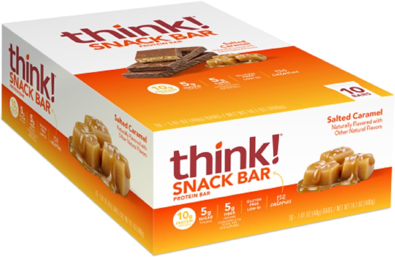 Chicory Root Fiber think! Protein Bars, Salted Caramel Flavor, No Artificial Sweeteners, 1.4 Oz Bars, Pack of 10