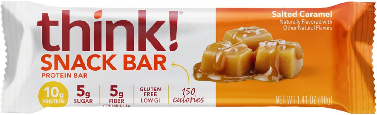 Chicory Root Fiber think! Protein Bars, Salted Caramel Flavor, No Artificial Sweeteners, 1.4 Oz Bars, Pack of 10