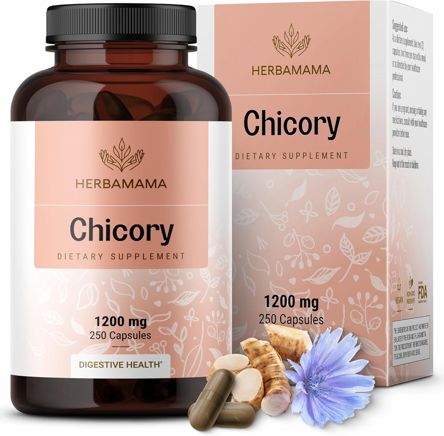 Chicory Root Powder Capsules for Gut Cleanse & Digestive Support - Vegan 1200mg Inulin Prebiotic Fiber Supplement - 250 Capsules