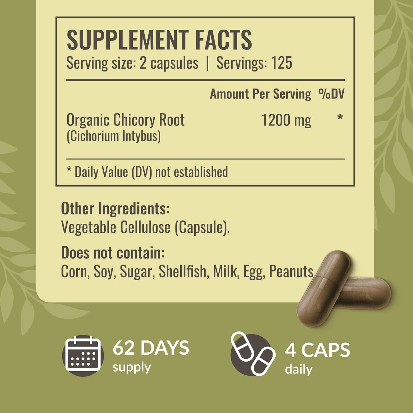 Chicory Root Powder Capsules for Gut Cleanse & Digestive Support - Vegan 1200mg Inulin Prebiotic Fiber Supplement - 250 Capsules