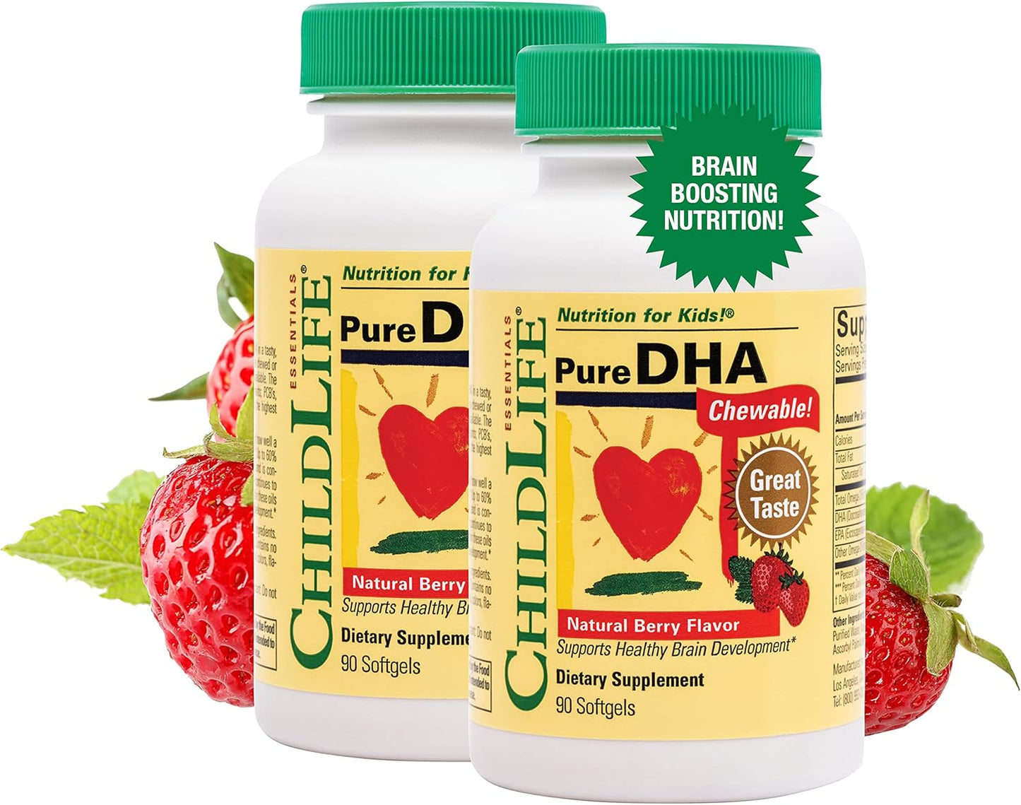 ChildLife Essentials Pure DHA for Kids - Omega 3 DHA EPA Supplements, Children's DHA Chewables, Baby & Toddler Fish Oil - Natural Berry Flavor, 90 Softgels x 2 Pack