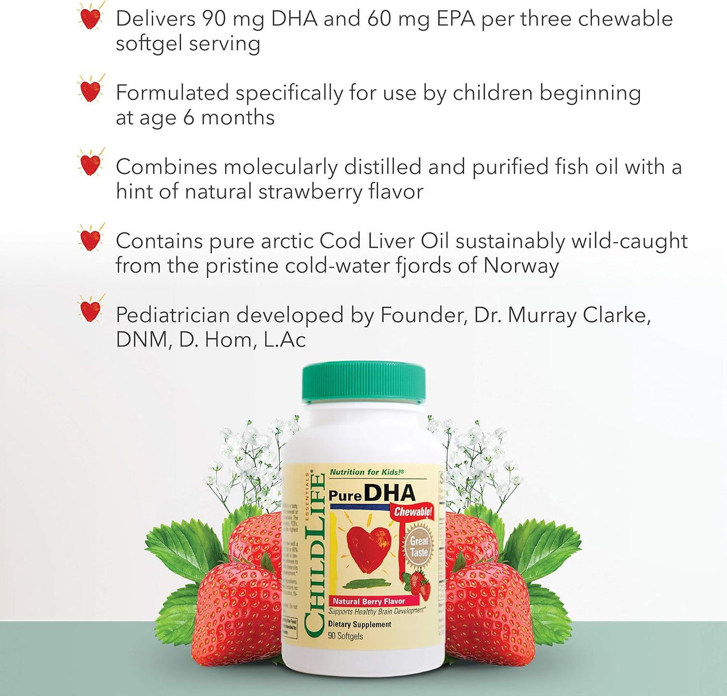 ChildLife Essentials Pure DHA for Kids - Omega 3 DHA EPA Supplements, Children's DHA Chewables, Baby & Toddler Fish Oil - Natural Berry Flavor, 90 Softgels x 2 Pack