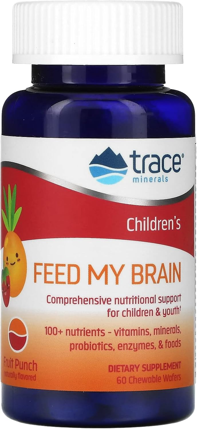 Children's Brain Support Supplement - Multivitamin for Focus with Trace Minerals, Enzymes & Vitamins - Fruit Punch Flavor, 60 Chewable Wafers