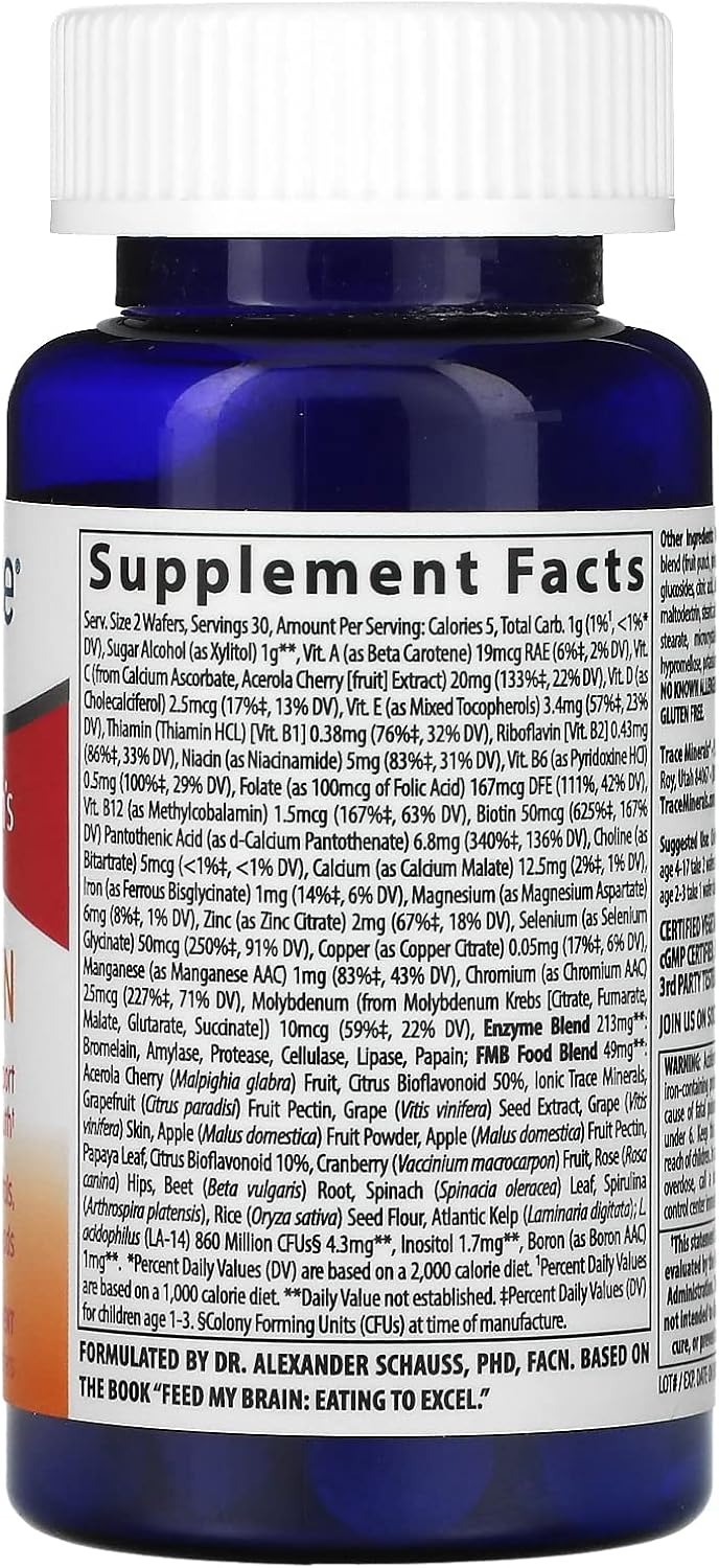 Children's Brain Support Supplement - Multivitamin for Focus with Trace Minerals, Enzymes & Vitamins - Fruit Punch Flavor, 60 Chewable Wafers