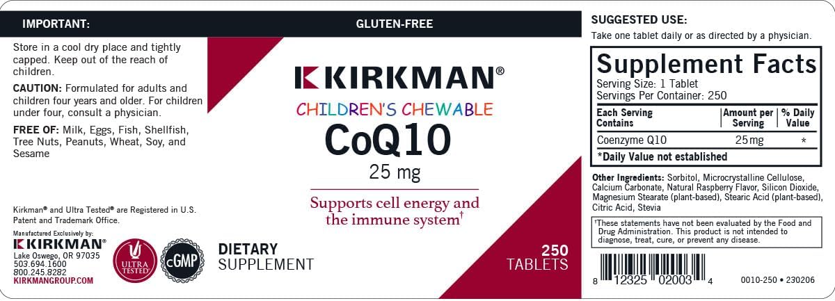 Children's Chewable Coenzyme Q10 Tablets - 250 Count, 25 mg - Gluten & Casein Free - Boosts Immune System - Kirkman Brand