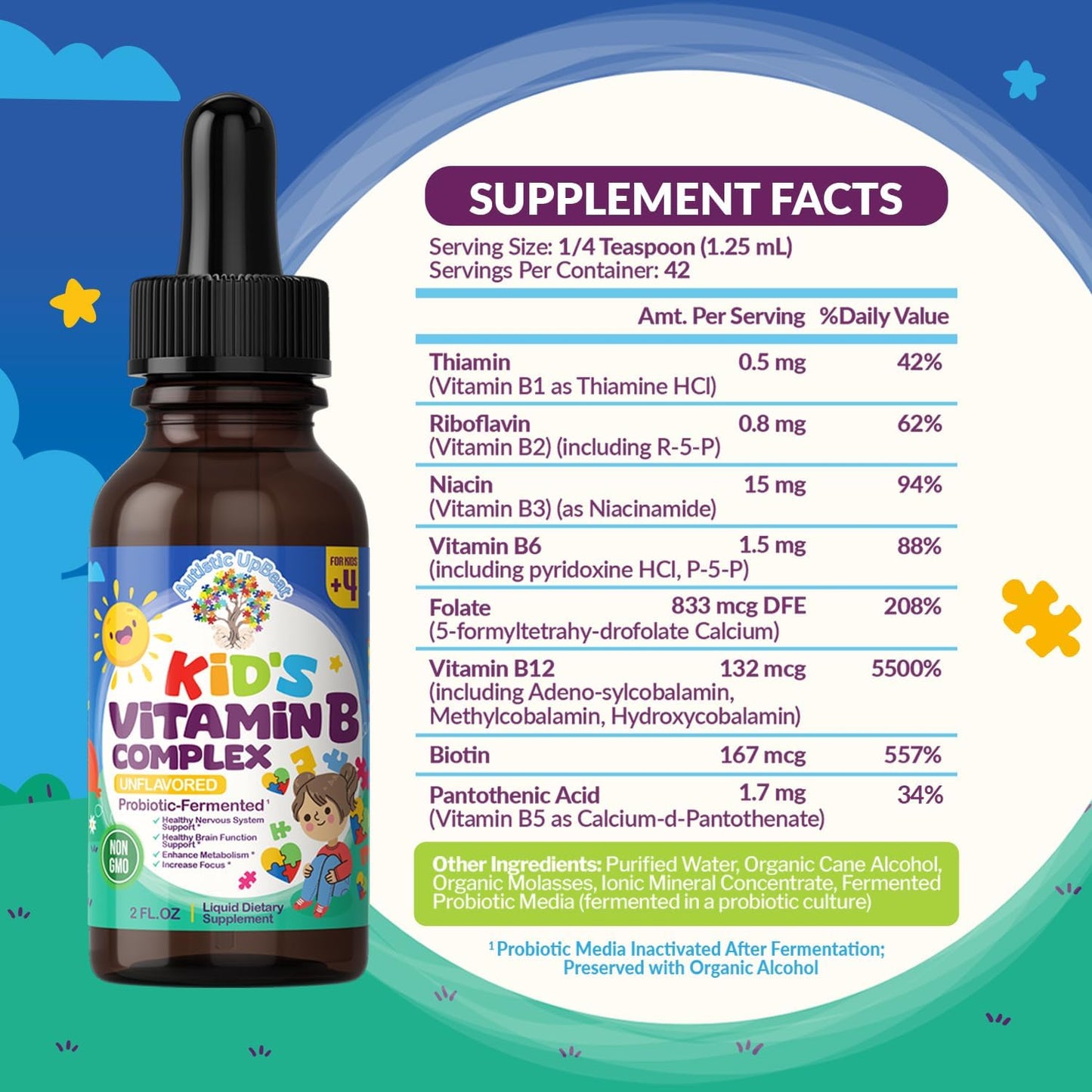 Children's Vitamin B Complex Drops | Unflavored | B1, B2, B3, B6, B7, B9 & B12 | Supports Brain Function, Focus, Metabolism | Kids Liquid Supplement
