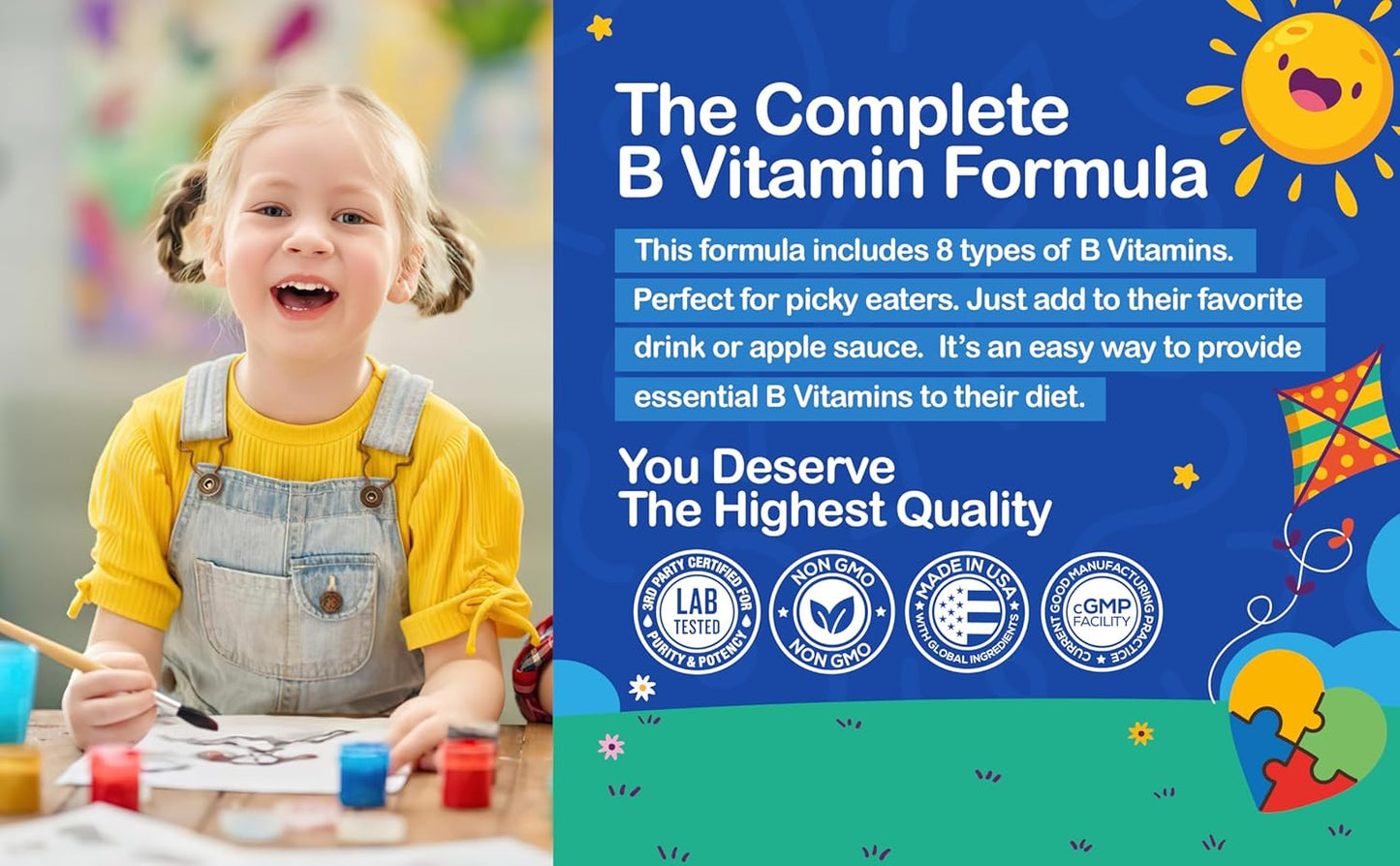 Children's Vitamin B Complex Drops | Unflavored | B1, B2, B3, B6, B7, B9 & B12 | Supports Brain Function, Focus, Metabolism | Kids Liquid Supplement