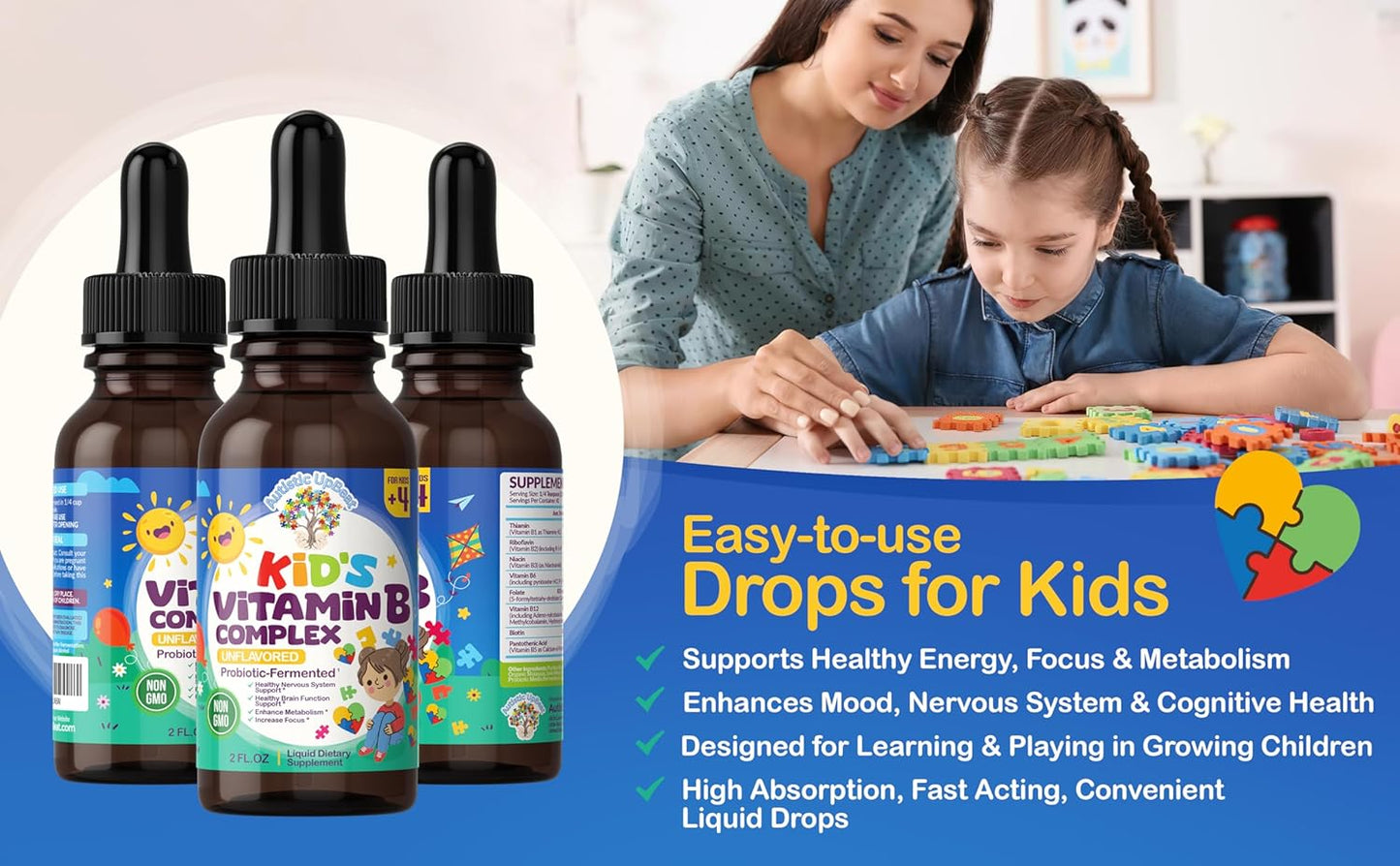 Children's Vitamin B Complex Drops | Unflavored | B1, B2, B3, B6, B7, B9 & B12 | Supports Brain Function, Focus, Metabolism | Kids Liquid Supplement