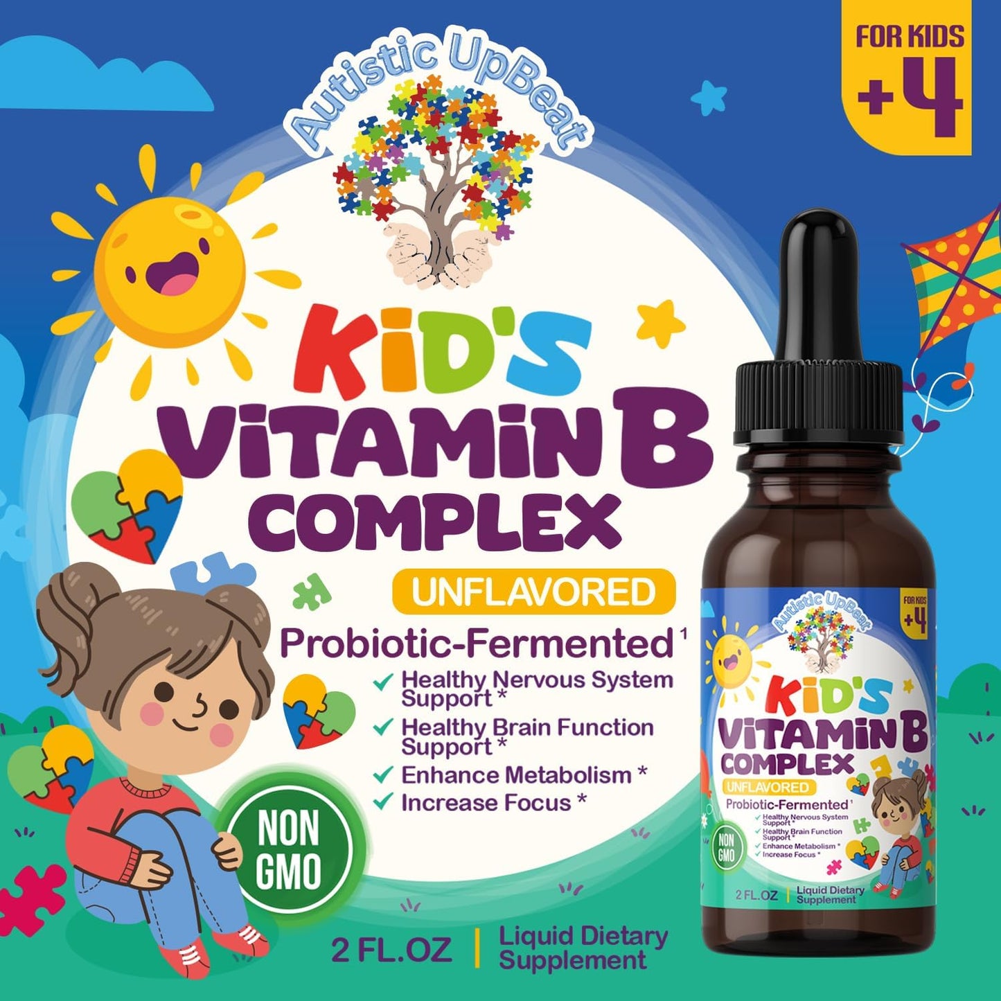 Children's Vitamin B Complex Drops | Unflavored | B1, B2, B3, B6, B7, B9 & B12 | Supports Brain Function, Focus, Metabolism | Kids Liquid Supplement