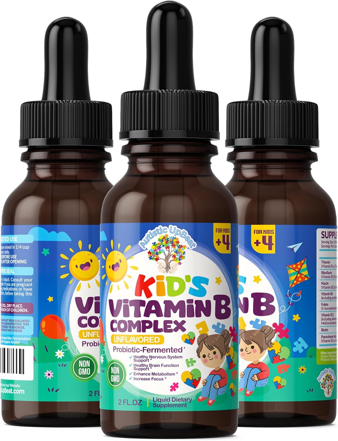 Children's Vitamin B Complex Drops | Unflavored | B1, B2, B3, B6, B7, B9 & B12 | Supports Brain Function, Focus, Metabolism | Kids Liquid Supplement