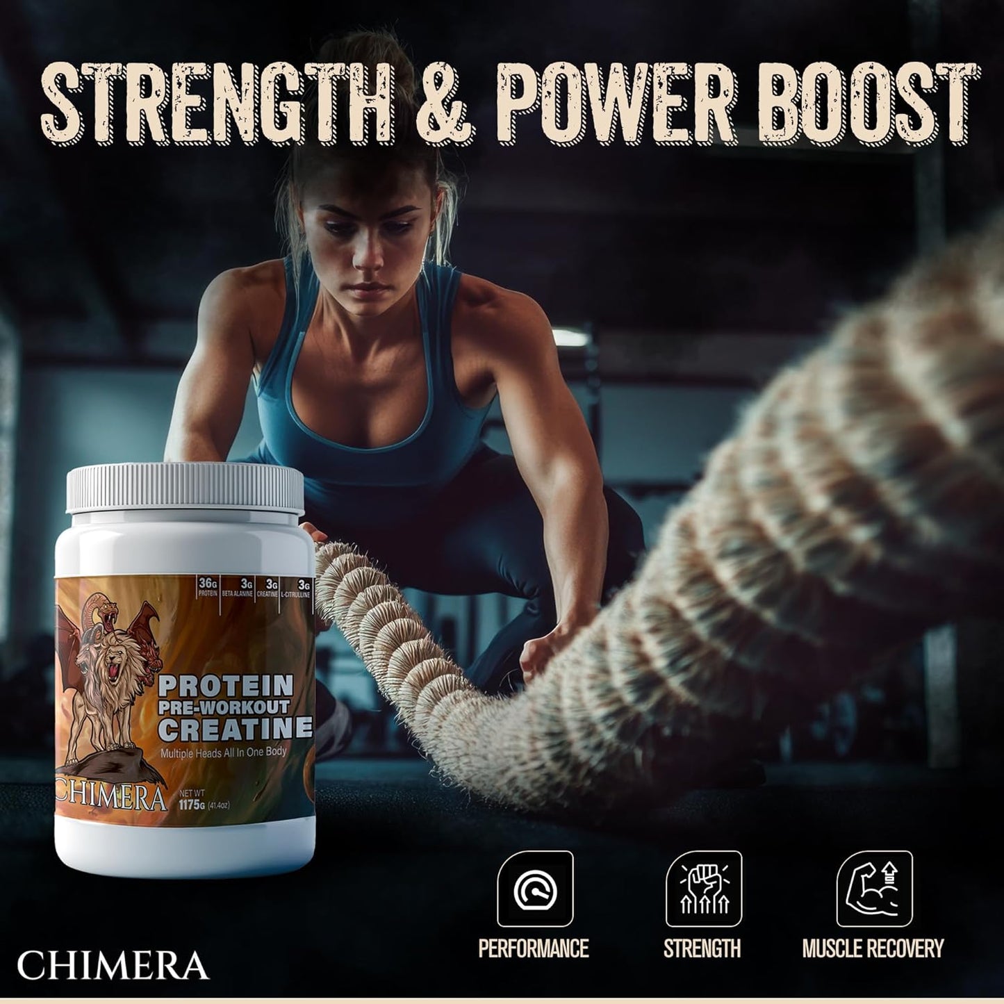 CHIMERA All-in-One Protein & Pre-Workout Powder - 36g Protein, 3g Creatine, Non-GMO, Sugar-Free with Natural Caffeine