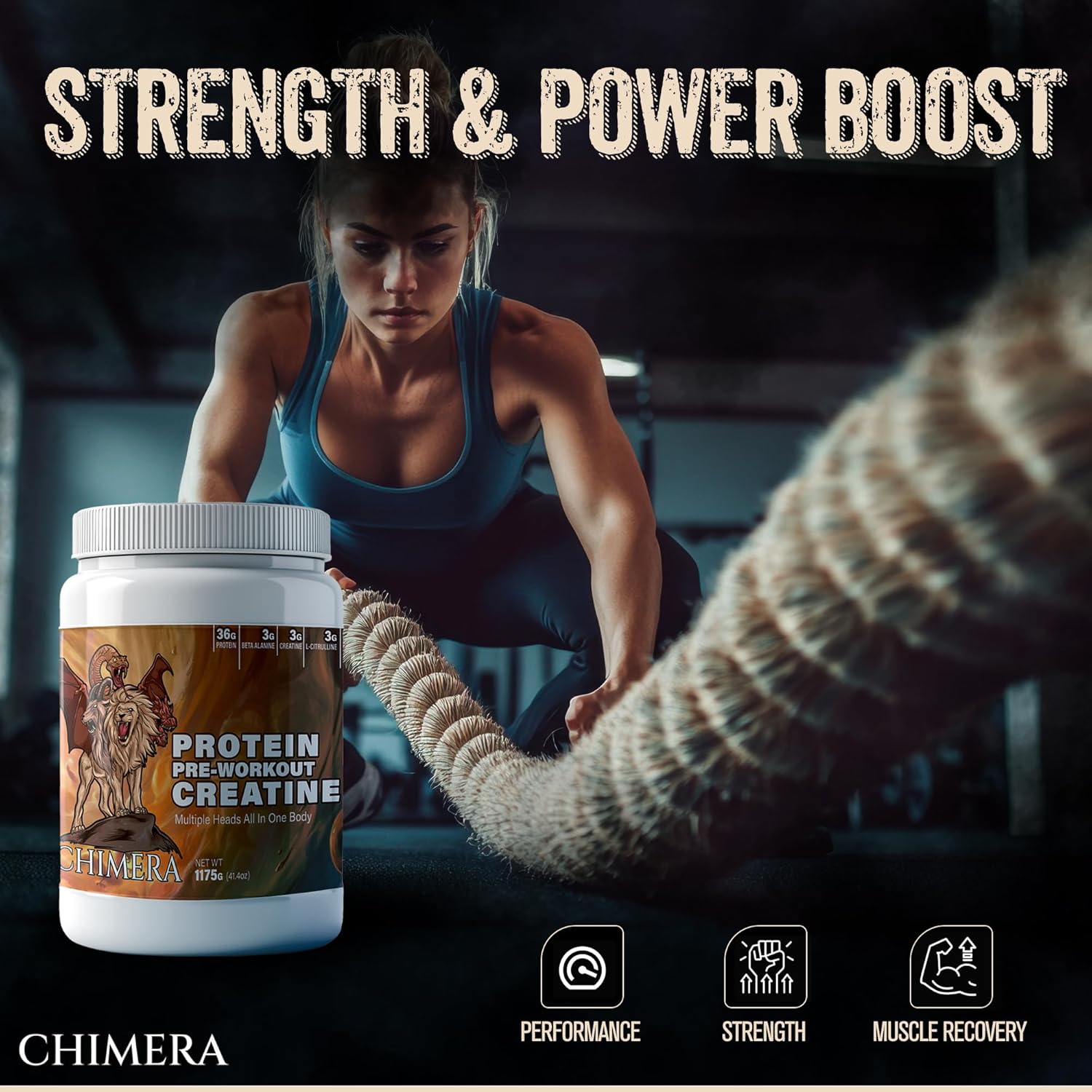 CHIMERA All-in-One Protein & Pre-Workout Powder - 36g Protein, 3g Creatine, Non-GMO, Sugar-Free with Natural Caffeine
