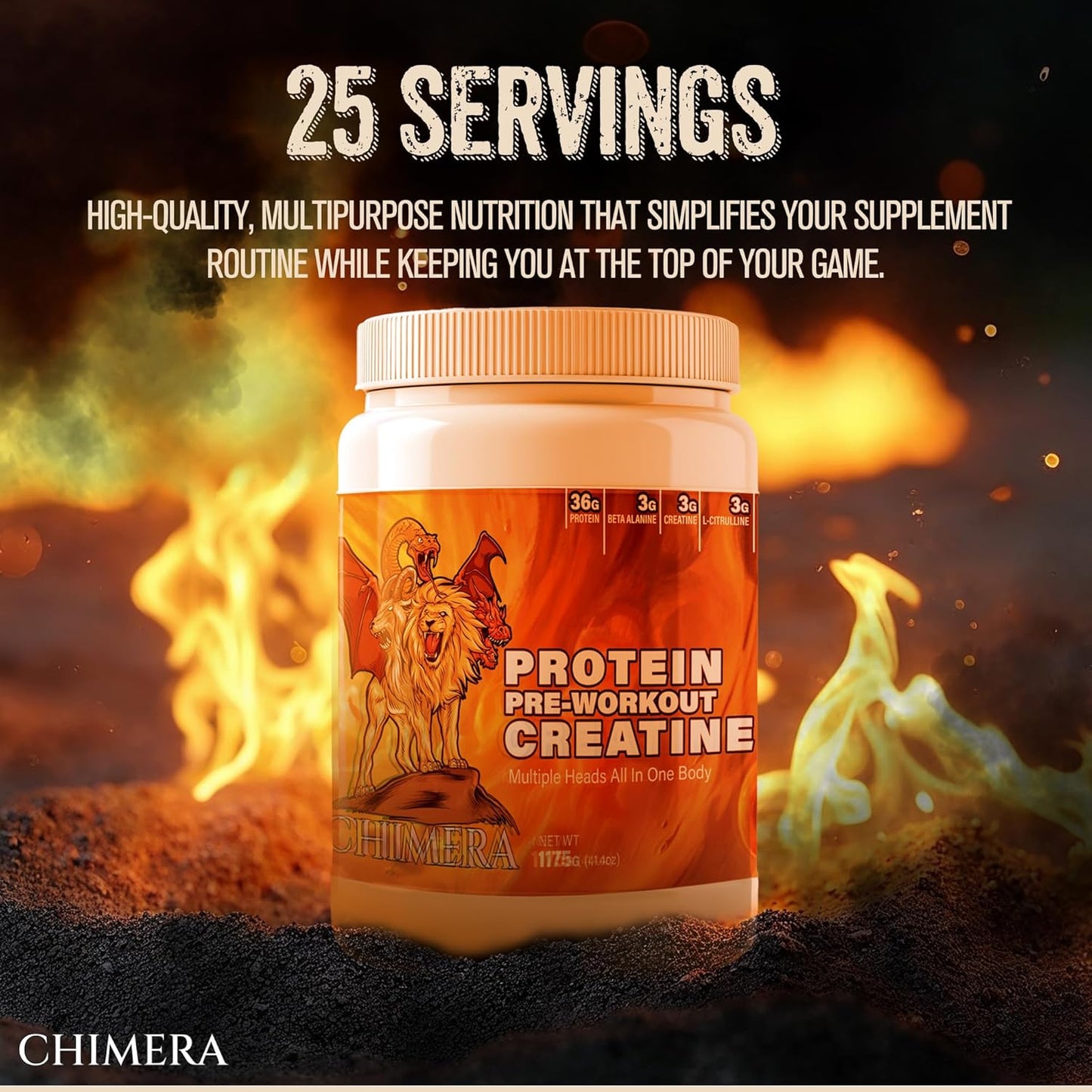 CHIMERA All-in-One Protein & Pre-Workout Powder - 36g Protein, 3g Creatine, Non-GMO, Sugar-Free with Natural Caffeine