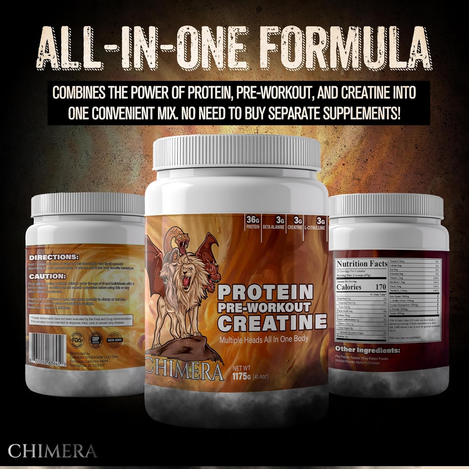 CHIMERA All-in-One Protein & Pre-Workout Powder - 36g Protein, 3g Creatine, Non-GMO, Sugar-Free with Natural Caffeine