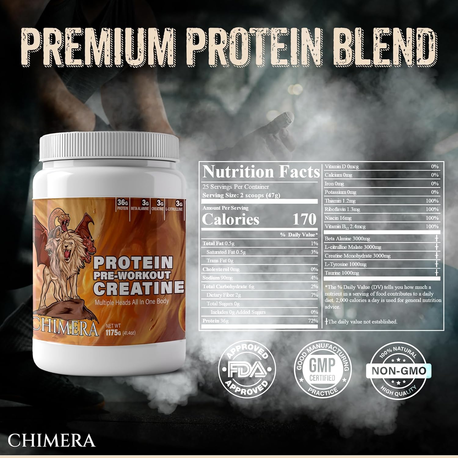 CHIMERA All-in-One Protein & Pre-Workout Powder - 36g Protein, 3g Creatine, Non-GMO, Sugar-Free with Natural Caffeine