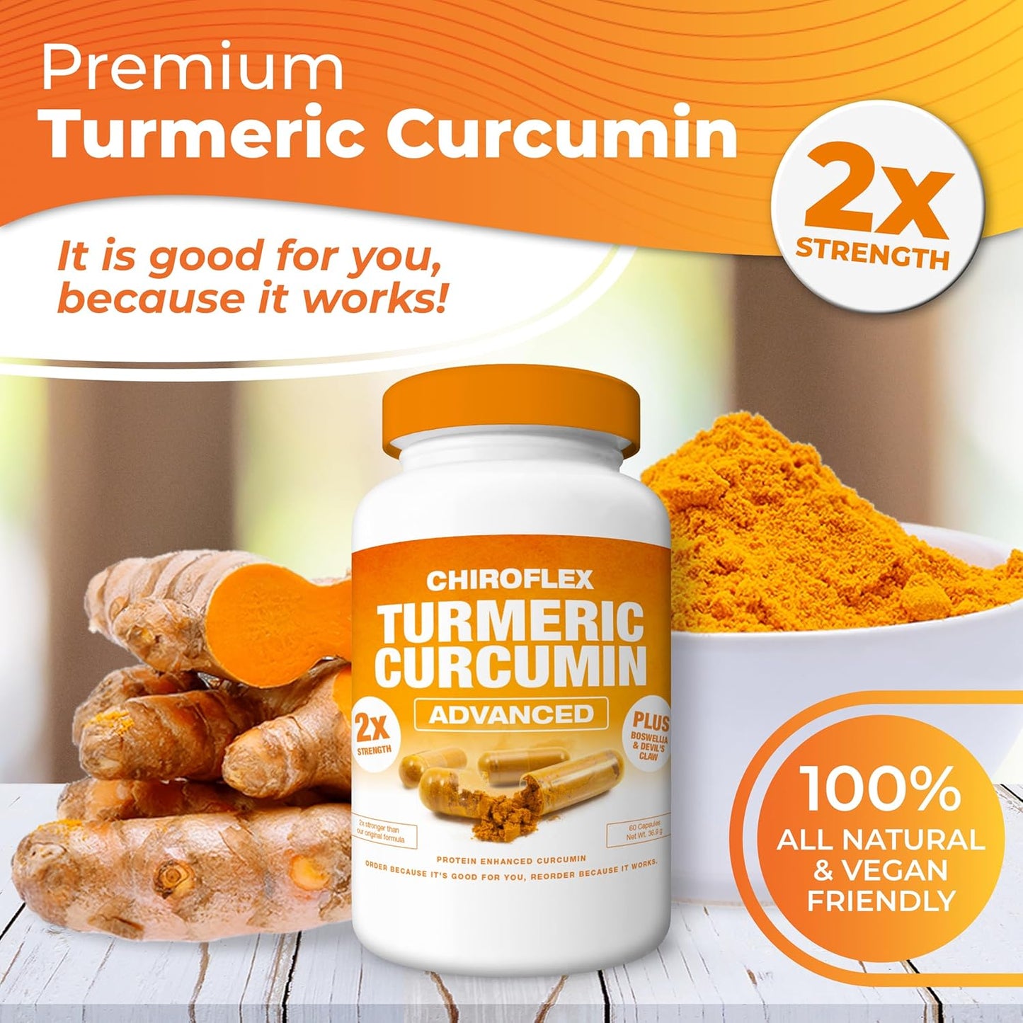 Chiroflex Turmeric and Curcumin Capsules with Boswellia - 2X Strength Joint Support Supplement (60 Caps)