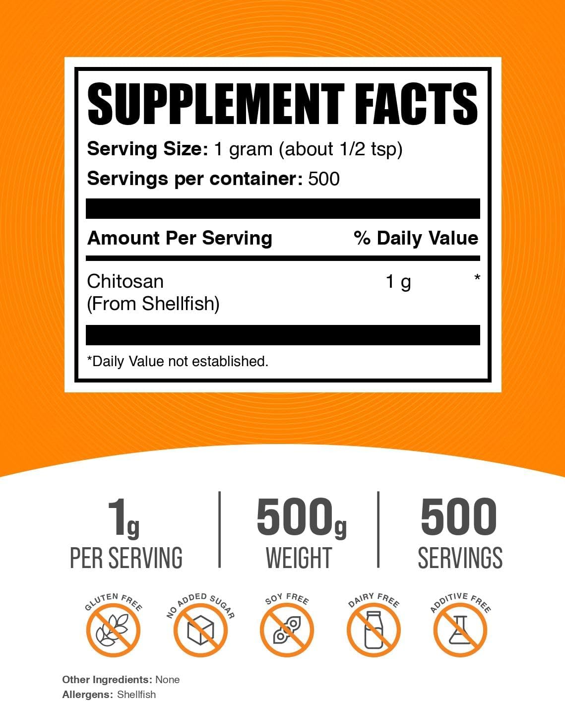 Chitosan Powder 1000mg - Food Grade, Gluten Free & Soy Free - 500g (1.1 lbs) Pack - BulkSupplements