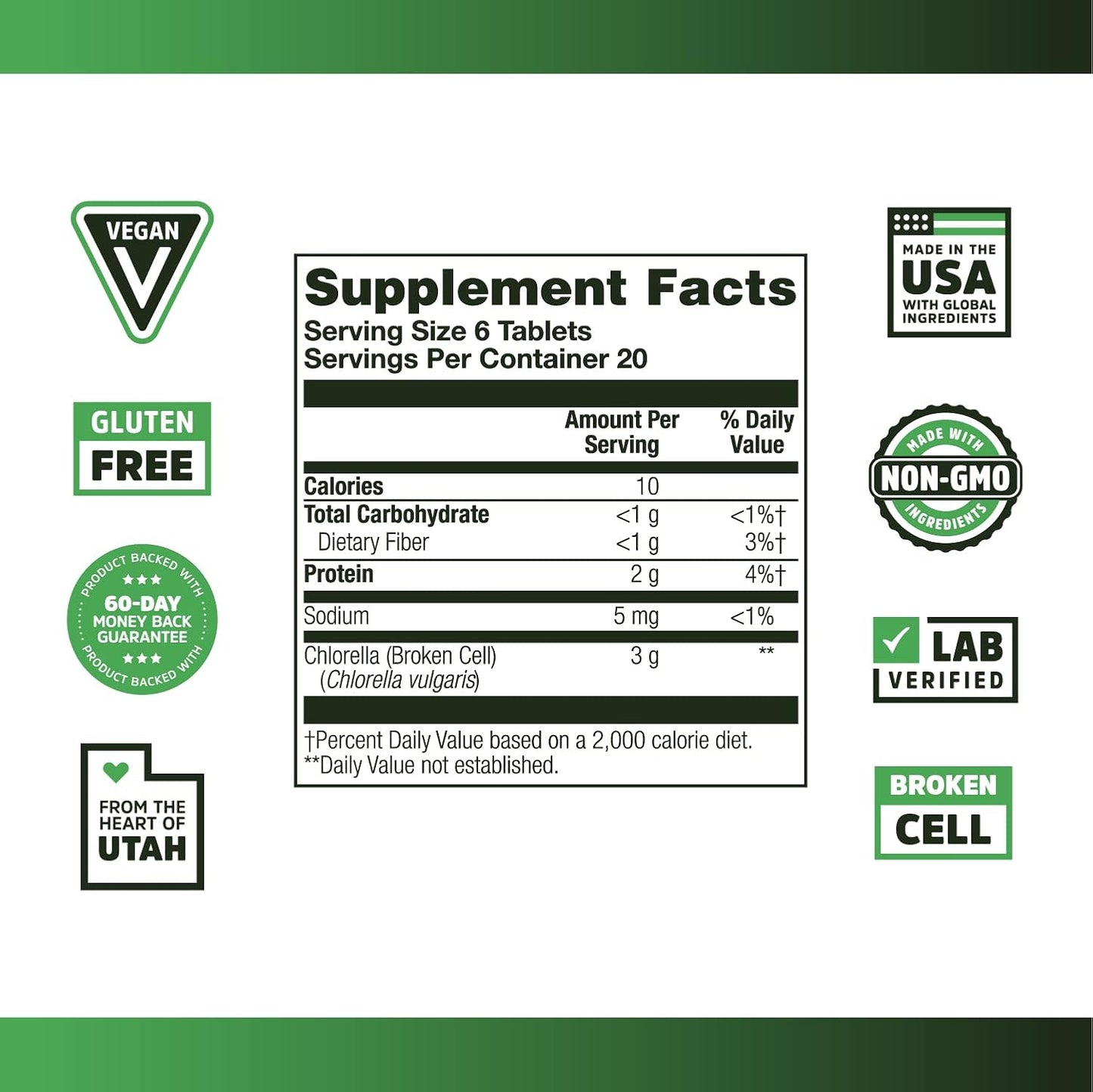 Chlorella Tablets by Zhou Nutrition - Algae Superfood, Broken Cell Chlorella, Vegan & Gluten-Free Supplement (120 Tablets)