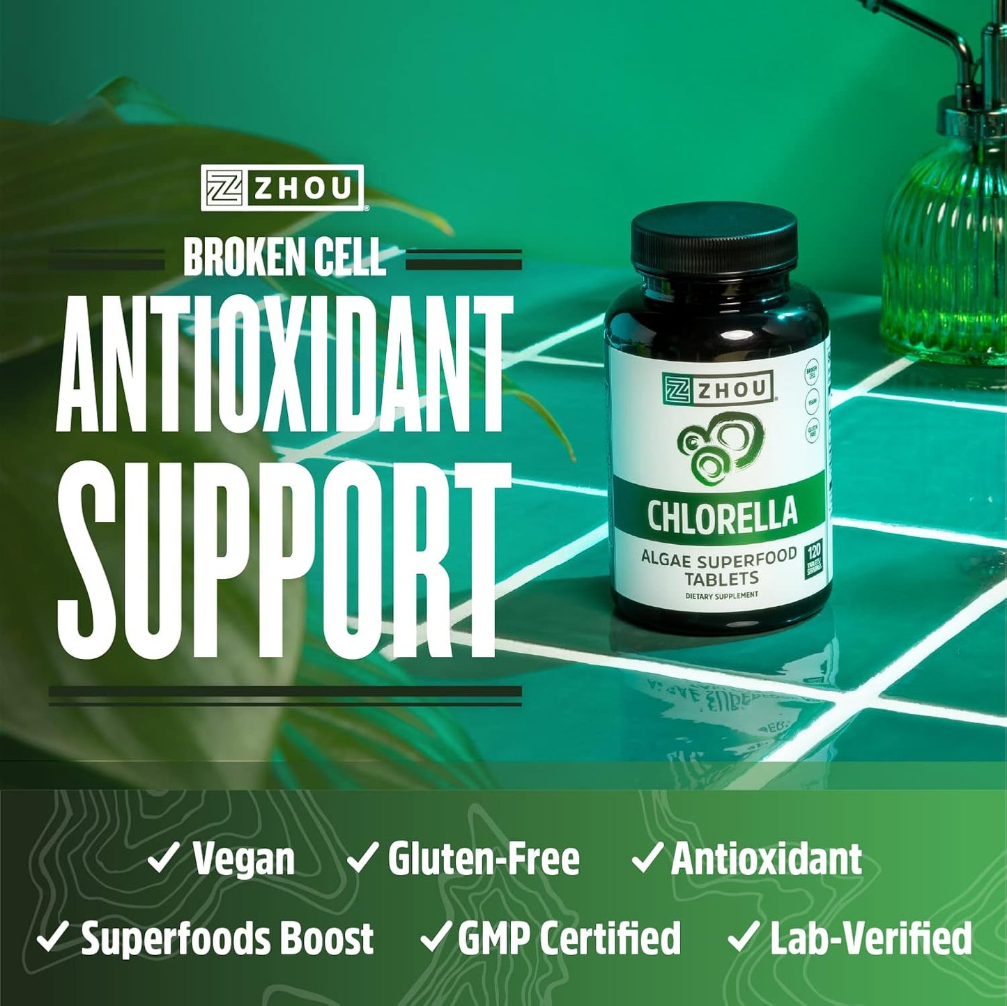 Chlorella Tablets by Zhou Nutrition - Algae Superfood, Broken Cell Chlorella, Vegan & Gluten-Free Supplement (120 Tablets)