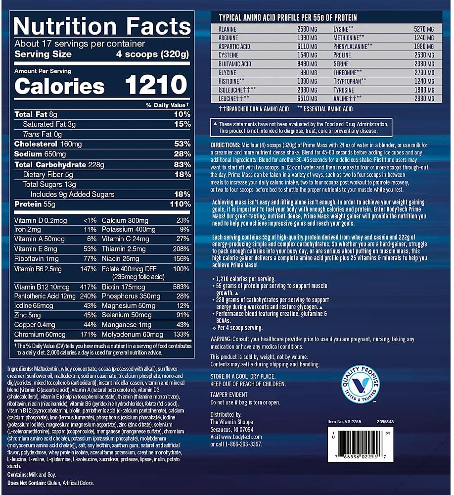 Chocolate BodyTech Prime Mass - 12 lbs, 17 Servings - High Calorie Weight Gainer Supplement