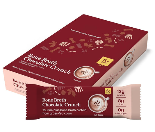 Chocolate Bone Broth Protein Bars with 13g Protein, Taurine, and Grass Fed Collagen - Supports Healthy Aging, Skin, and Gut Health - Chocolate Crunch Flavor, 0g Sugar - Pack of 12 Bars