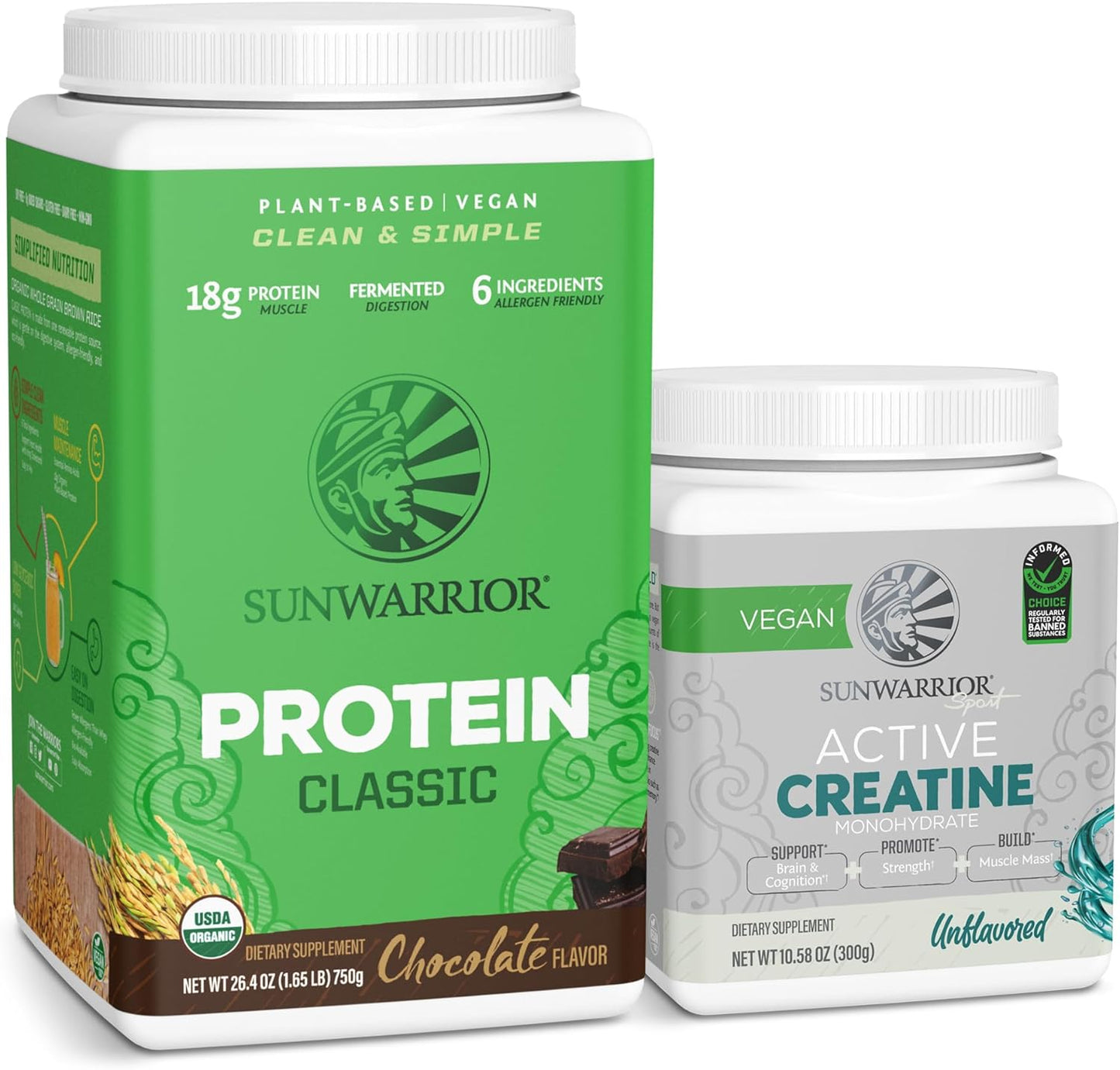 Chocolate Brown Rice Protein Powder & Unflavored Creatine Monohydrate Bundle - Plant-Based with 30 Servings Each