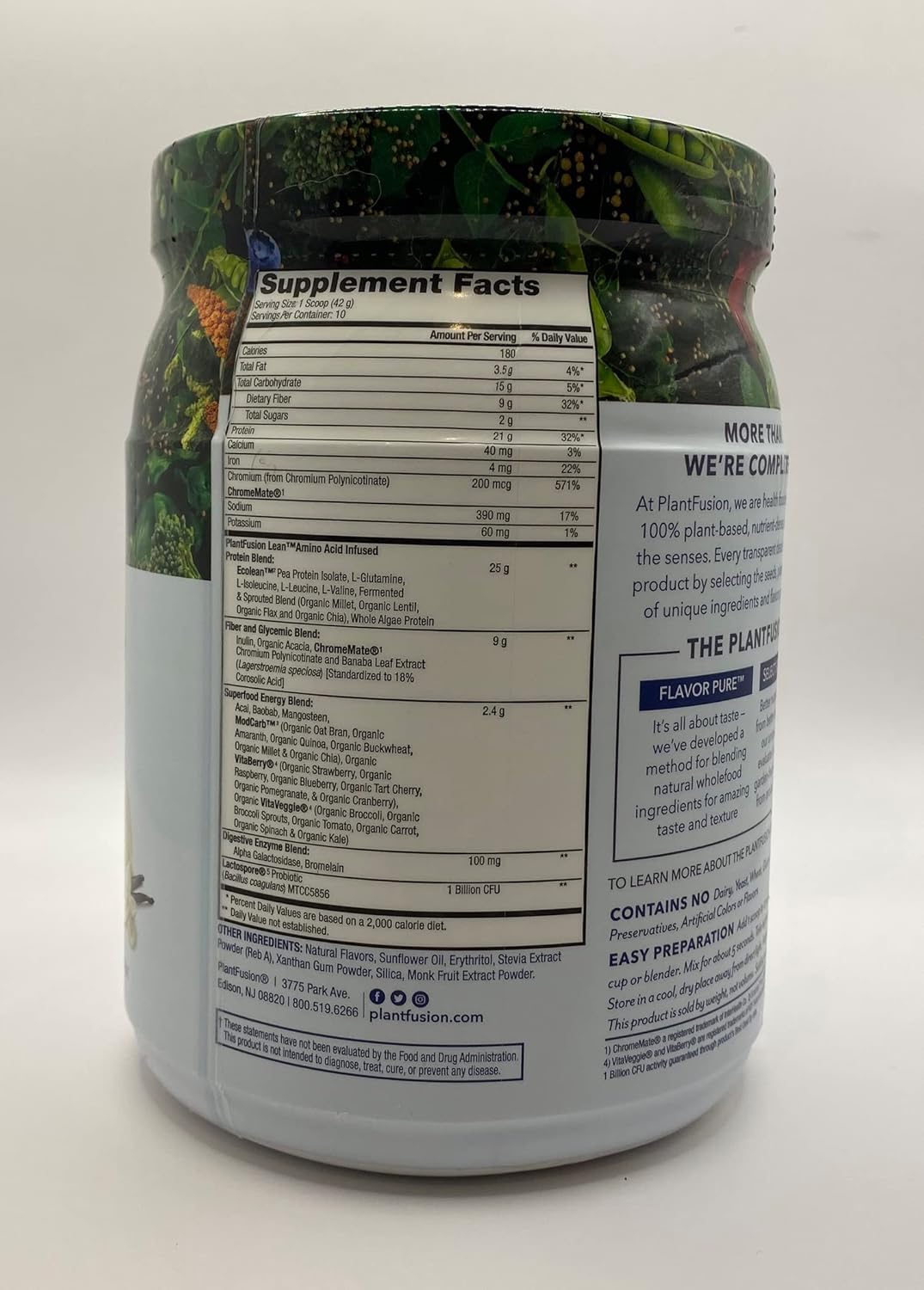 Chocolate Brownie PlantFusion Complete Lean Protein Powder with Prebiotic Fiber & Superfoods - Vegan, Gluten Free, Soy Free - 1 lb