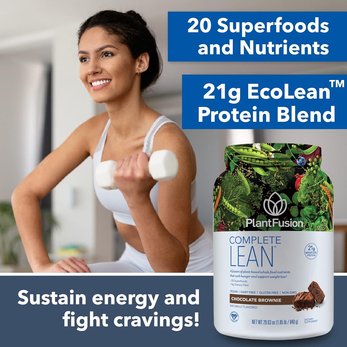 Chocolate Brownie PlantFusion Complete Lean Protein Powder with Prebiotic Fiber & Superfoods - Vegan, Gluten Free, Soy Free - 1 lb