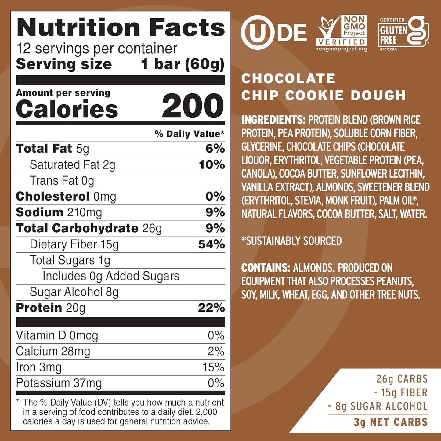 Chocolate Chip Cookie Dough No Cow High Protein Bars - 20g Vegan Protein, High Fiber, Low Sugar, Keto Friendly - Healthy Snacks, Dairy & Gluten Free - 12 Count
