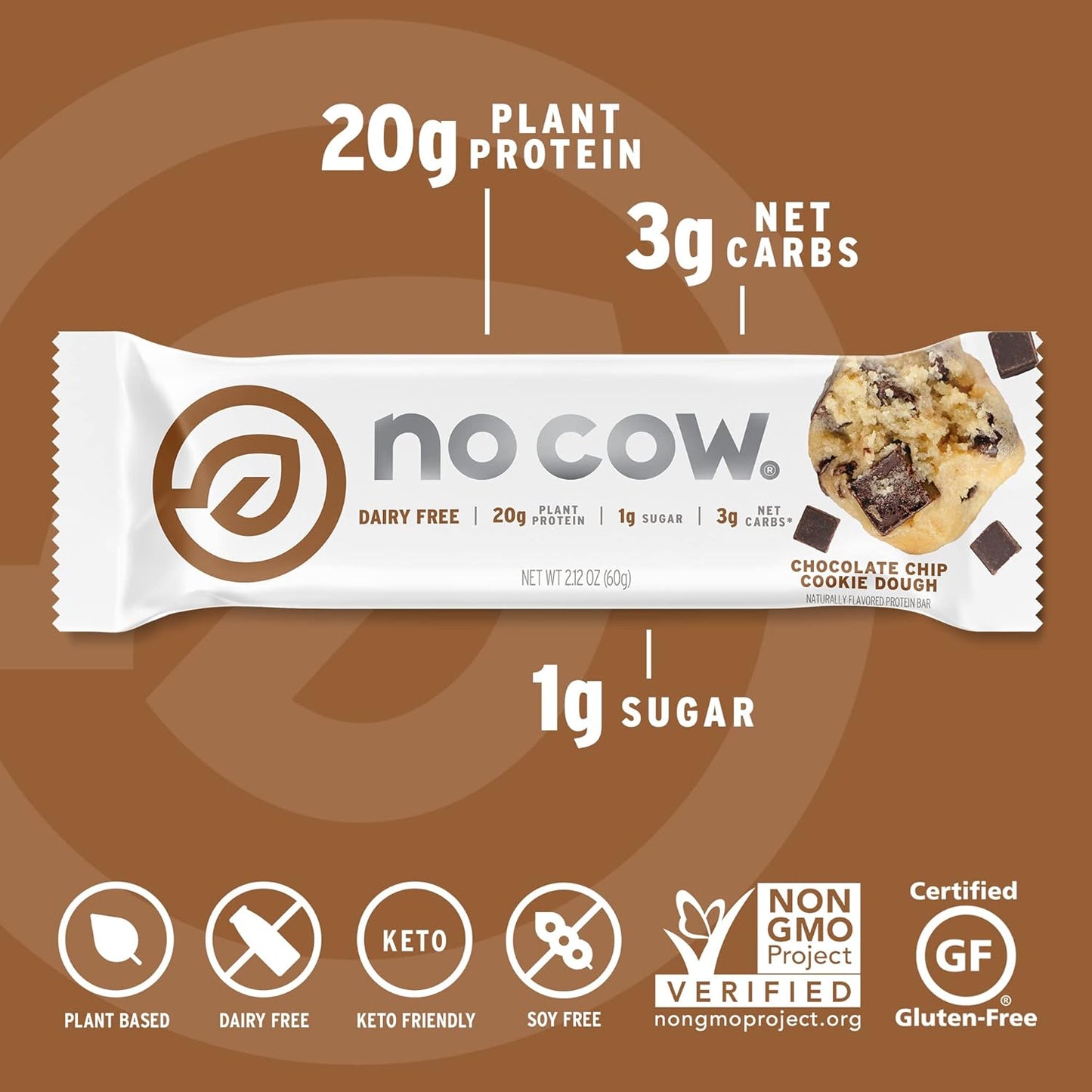 Chocolate Chip Cookie Dough No Cow High Protein Bars - 20g Vegan Protein, High Fiber, Low Sugar, Keto Friendly - Healthy Snacks, Dairy & Gluten Free - 12 Count