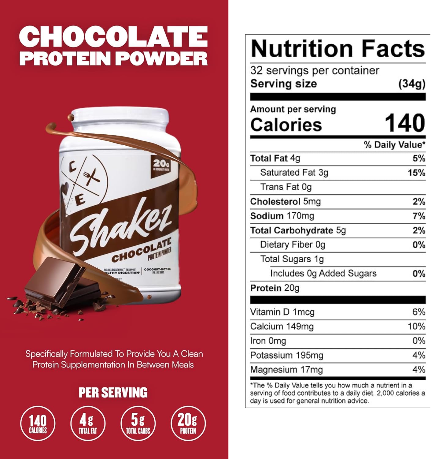 Chocolate Clean Eatz Protein Powder - 30 Servings, 20g Protein per Scoop - Ideal for Slimming Formula Shake