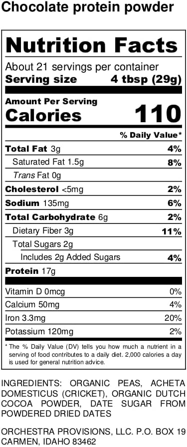 Chocolate Cricket and Pea Protein Powder Blend - 17g Complete Protein, Lactose-Free, Whey-Free Orchestra Provisions