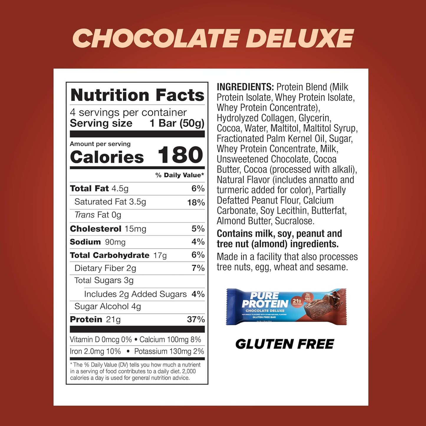 Chocolate Deluxe Pure Protein Bars - High Protein, Nutritious Snacks for Energy Support, Low Sugar, Gluten Free - 1.76 oz, Pack of 4