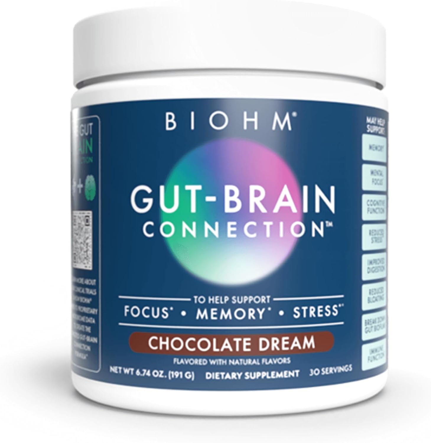 Chocolate Dream BIOHM Gut-Brain Support Supplement, 30 Servings for Focus, Memory, and Stress