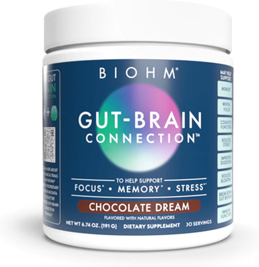 Chocolate Dream BIOHM Gut-Brain Support Supplement, 30 Servings for Focus, Memory, and Stress