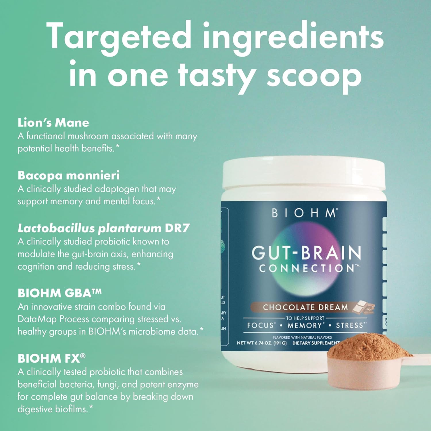 Chocolate Dream BIOHM Gut-Brain Support Supplement, 30 Servings for Focus, Memory, and Stress