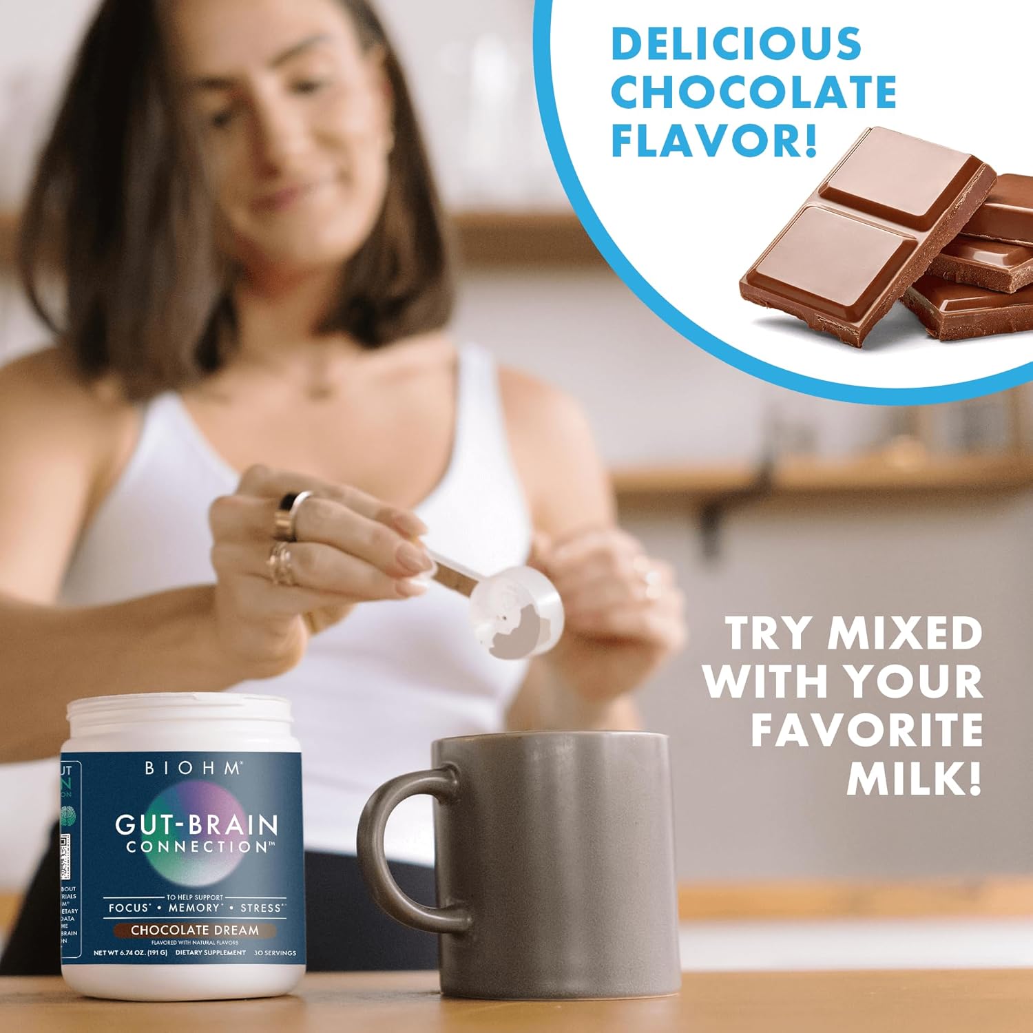 Chocolate Dream BIOHM Gut-Brain Support Supplement, 30 Servings for Focus, Memory, and Stress