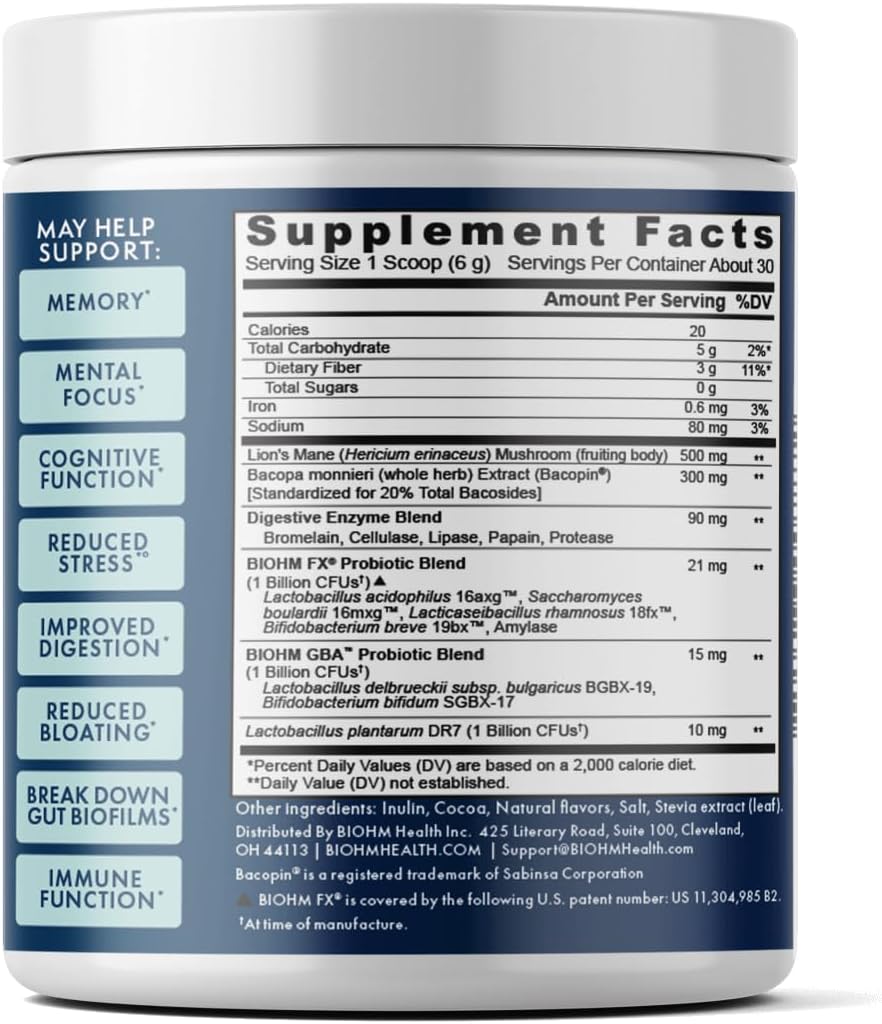 Chocolate Dream BIOHM Gut-Brain Support Supplement, 30 Servings for Focus, Memory, and Stress