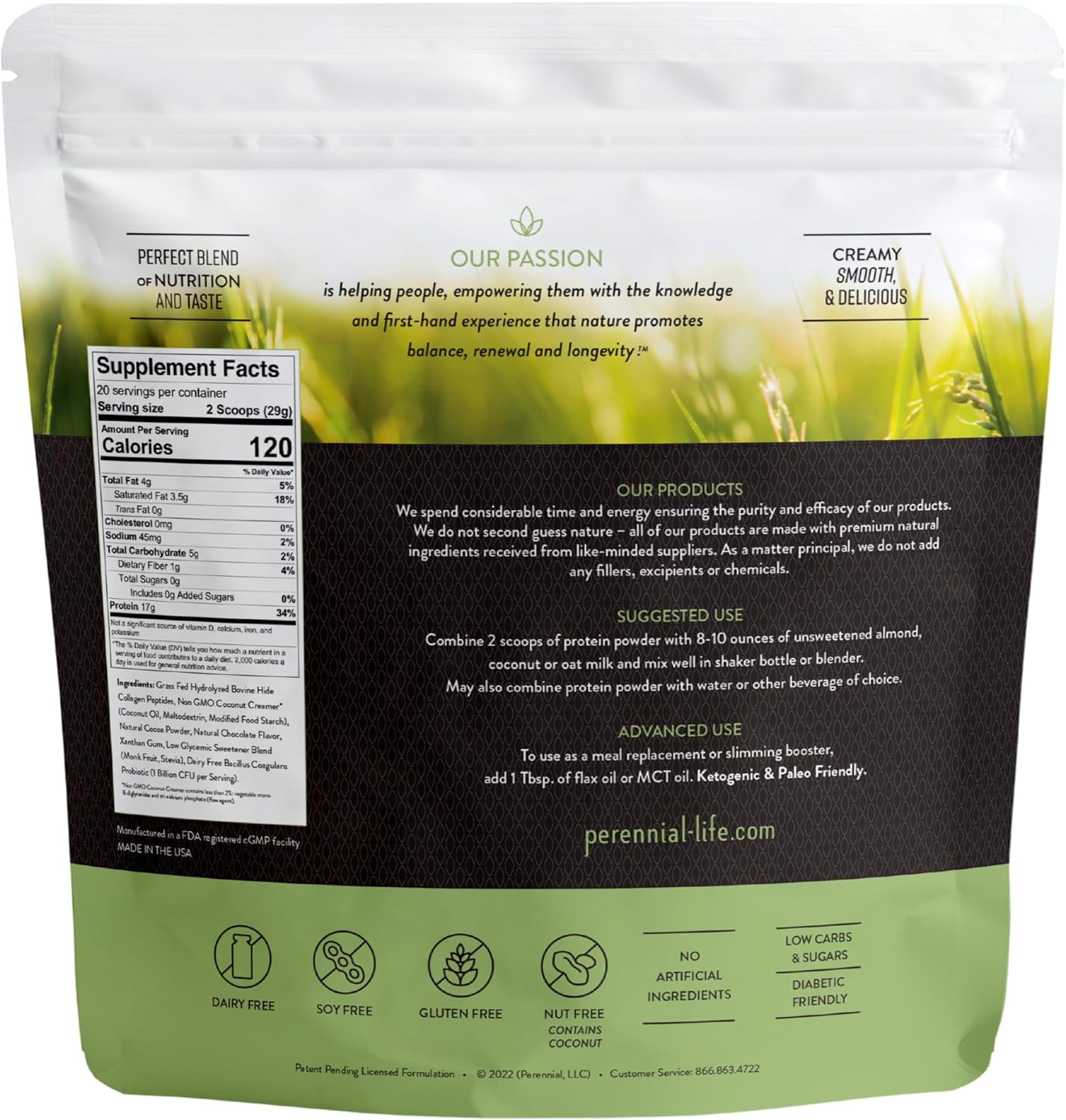 Chocolate Flavor Collagen Protein Powder - Grass-Fed, Dairy-Free, Gluten-Free - 17g Protein per Serving - Skin, Joints, Muscle Recovery - 20.5 oz