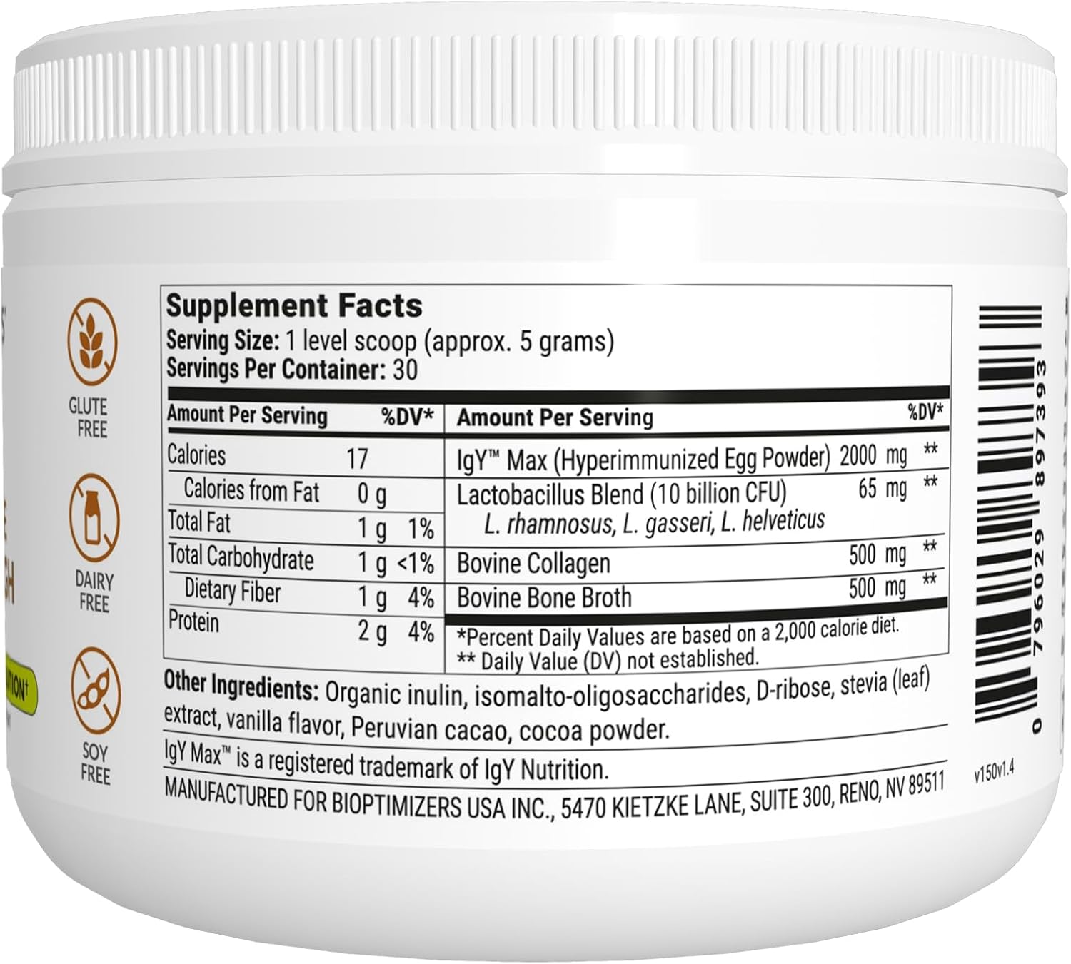 Chocolate Flavored BiOptimizers Microbiome Repair Powder with Lactobacillus, Bone Broth, and Collagen - Supports Gut Health, Reduces Gas and Bloating - 30 Servings, 150g