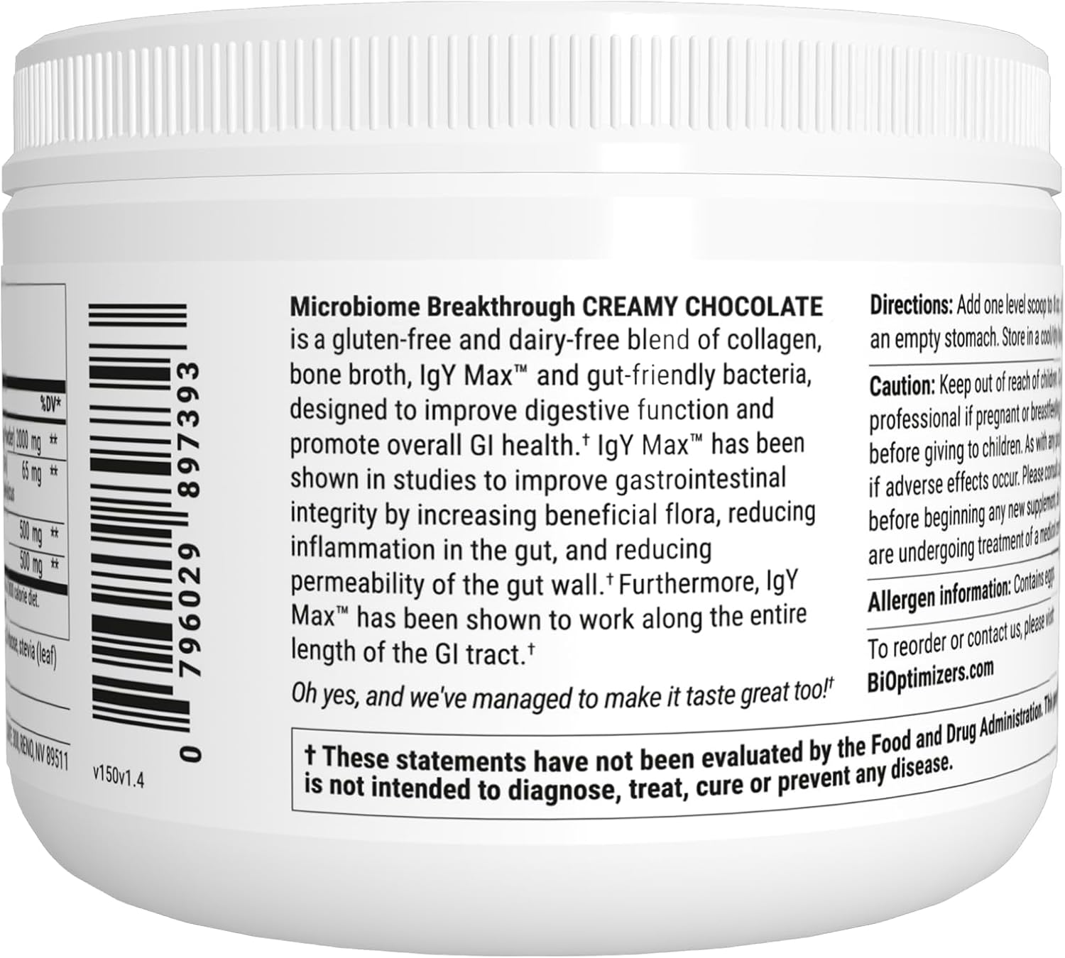 Chocolate Flavored BiOptimizers Microbiome Repair Powder with Lactobacillus, Bone Broth, and Collagen - Supports Gut Health, Reduces Gas and Bloating - 30 Servings, 150g